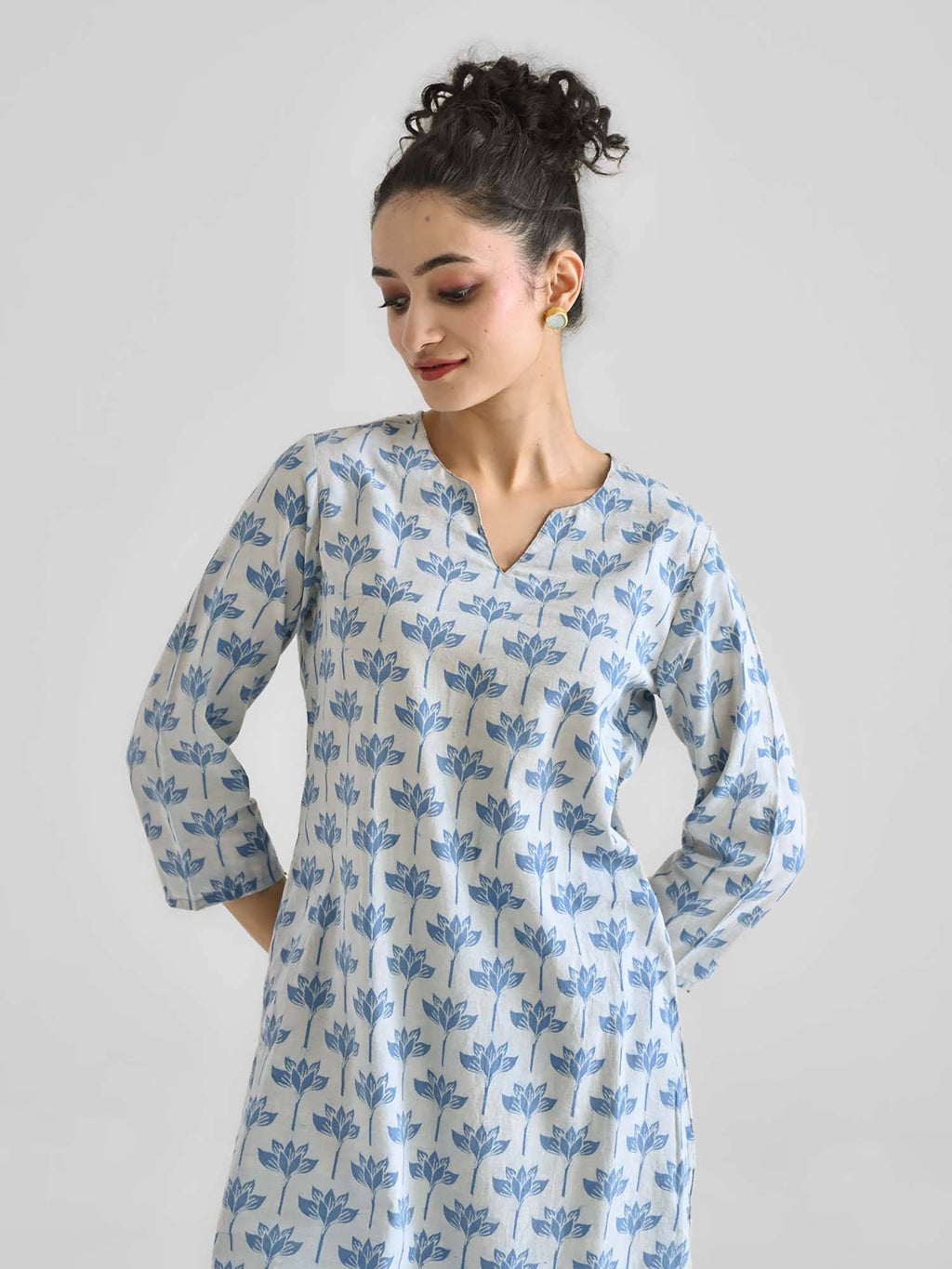 Light Blue Lotus Dabu Printed Cotton Kurta | KDG - view 5