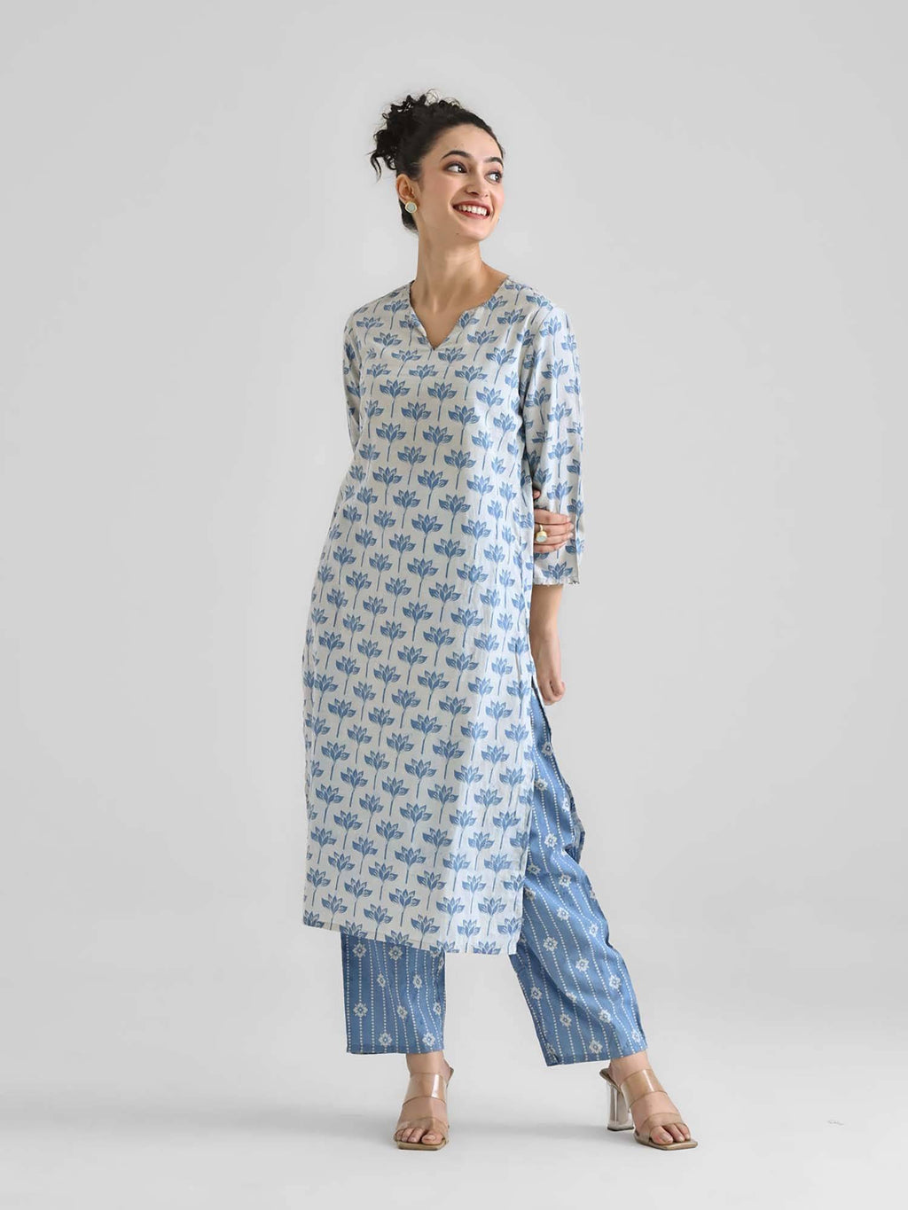 Light Blue Lotus Dabu Printed Cotton Kurta | KDG - view 6