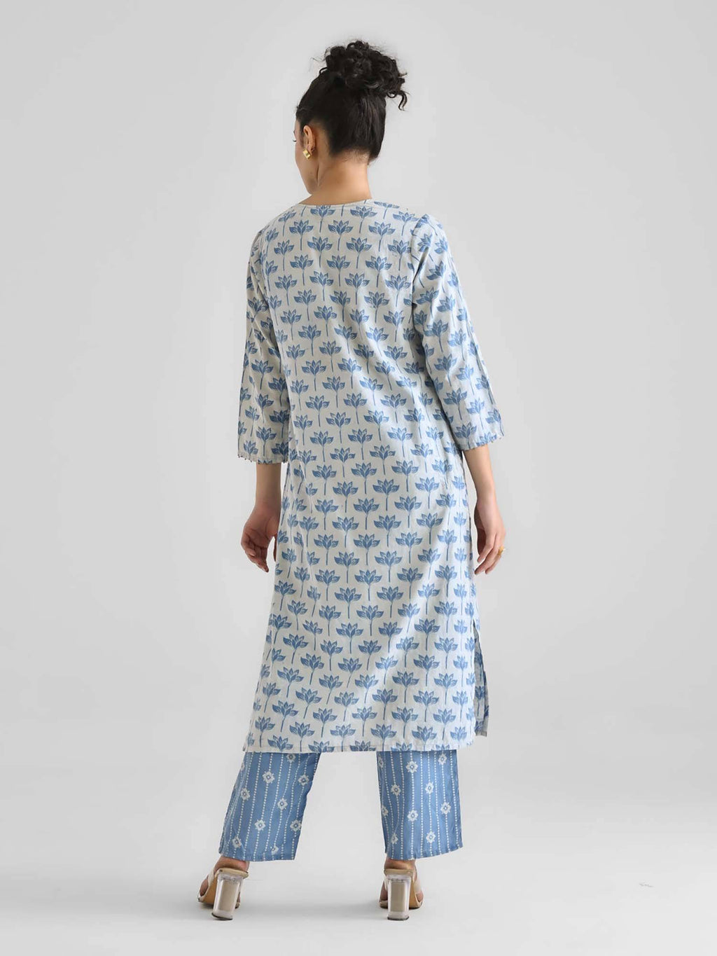 Light Blue Lotus Dabu Printed Cotton Kurta | KDG - view 7