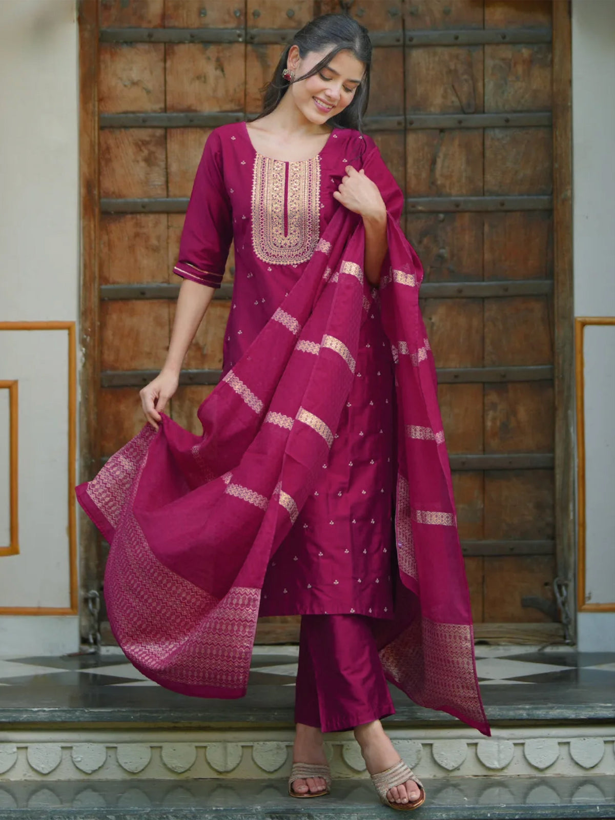 Gerua Pink Embroidered Silk Blend Straight Suit With Dupatta