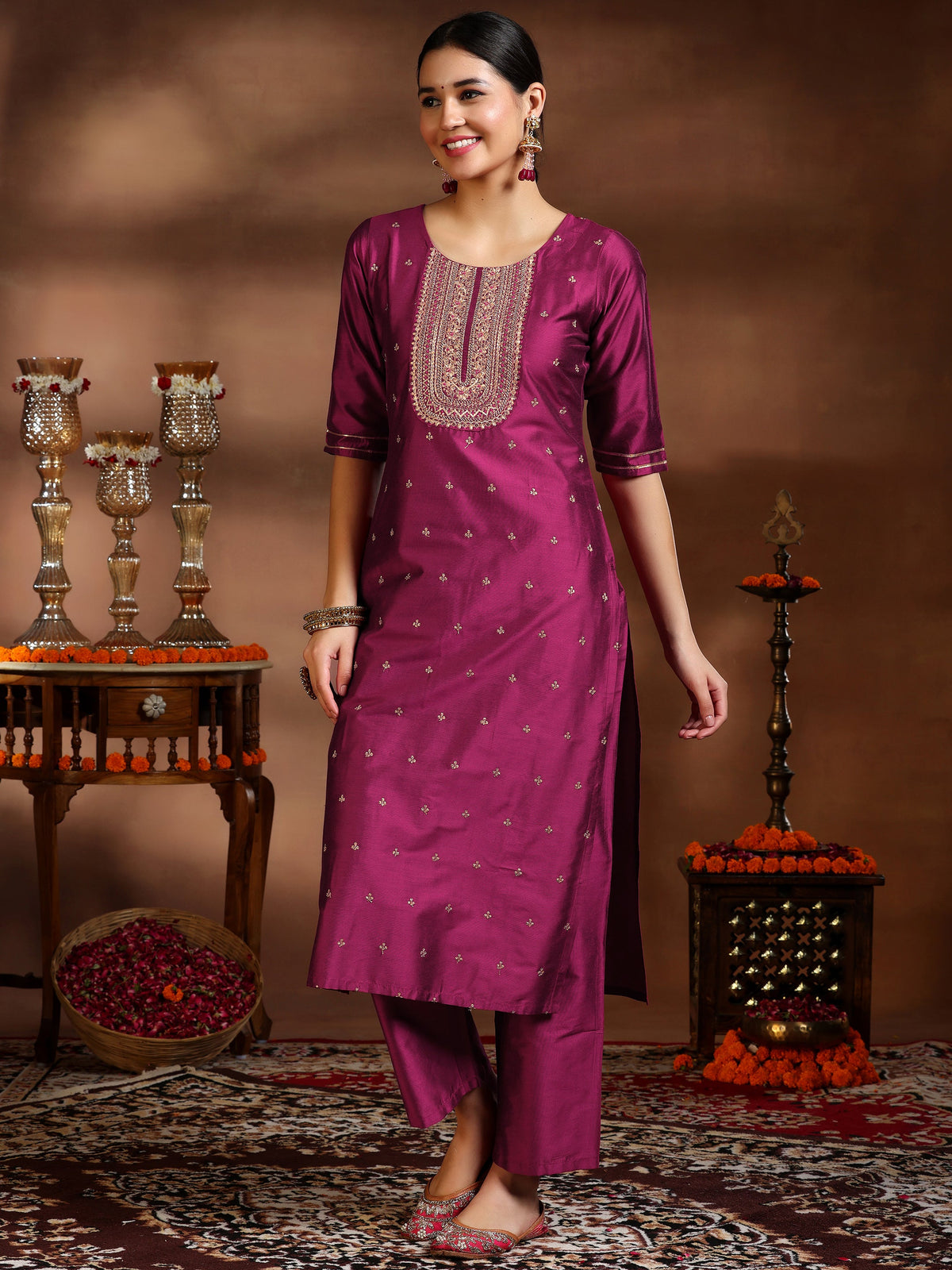 Gerua Pink Embroidered Silk Blend Straight Suit With Dupatta