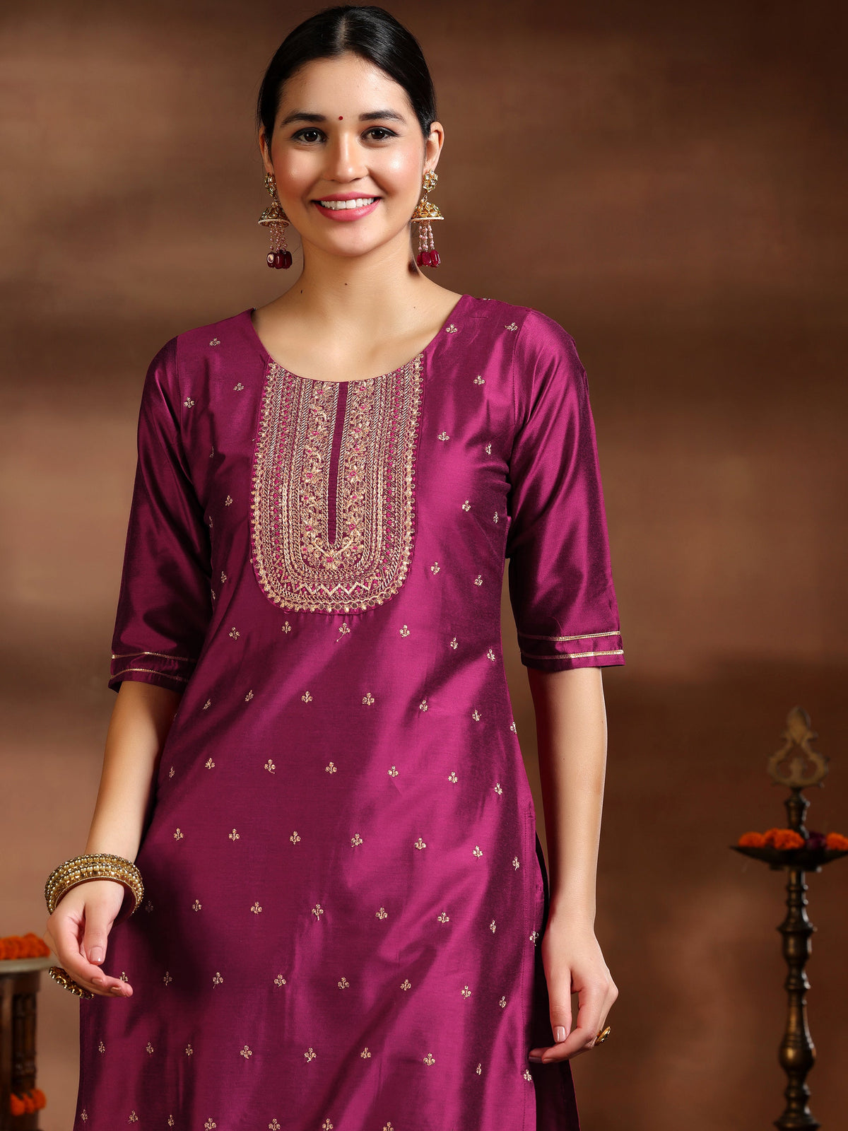 Gerua Pink Embroidered Silk Blend Straight Suit With Dupatta