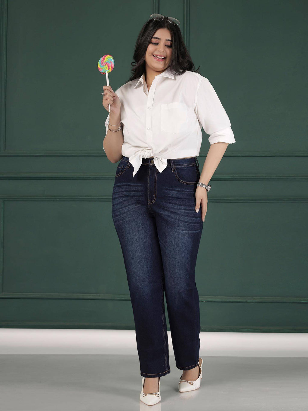 Womens Plus Size Straight Fit Mid Blue Jeans | ST23 - view 1