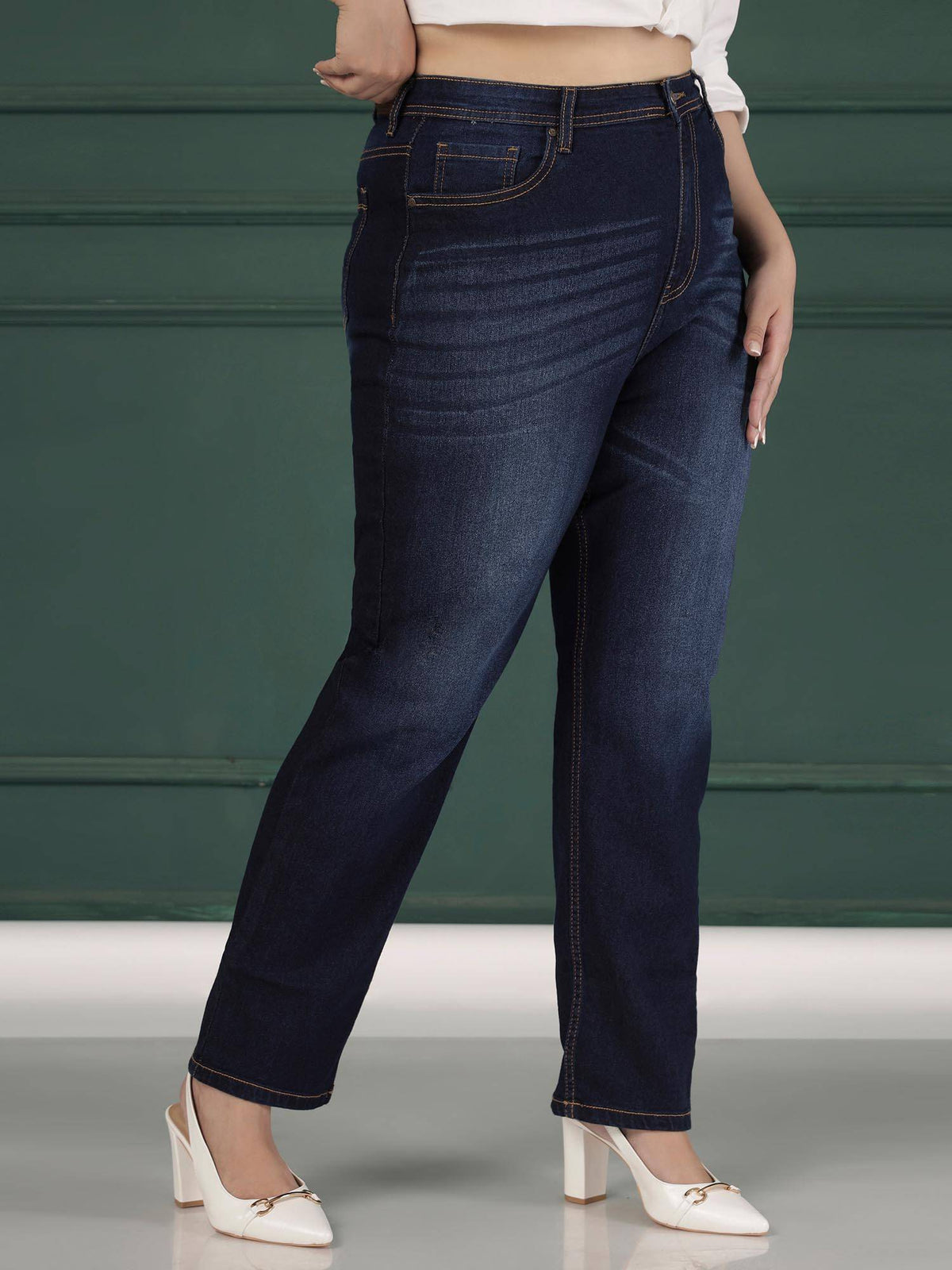 Womens Plus Size Straight Fit Mid Blue Jeans | ST23 - view 3