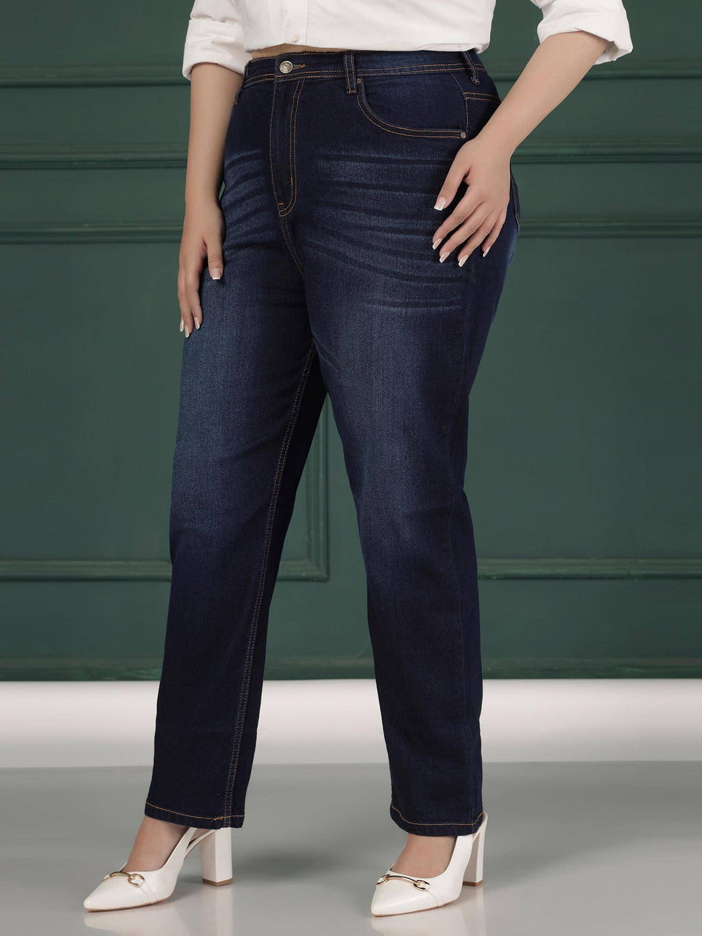 Womens Plus Size Straight Fit Mid Blue Jeans | ST23 - view 4