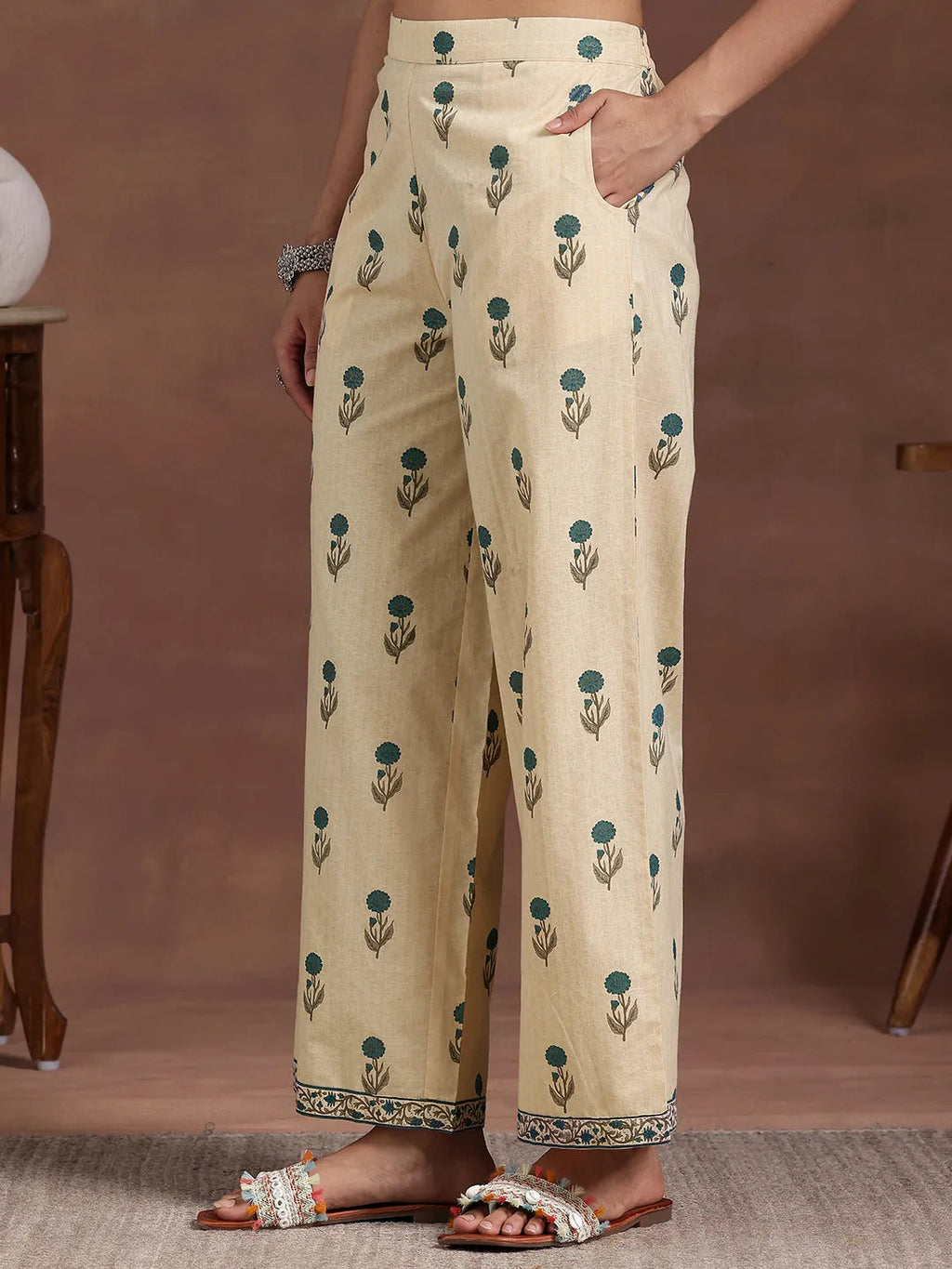 Libas Beige Printed Cotton A-Line Kurta With Palazzos