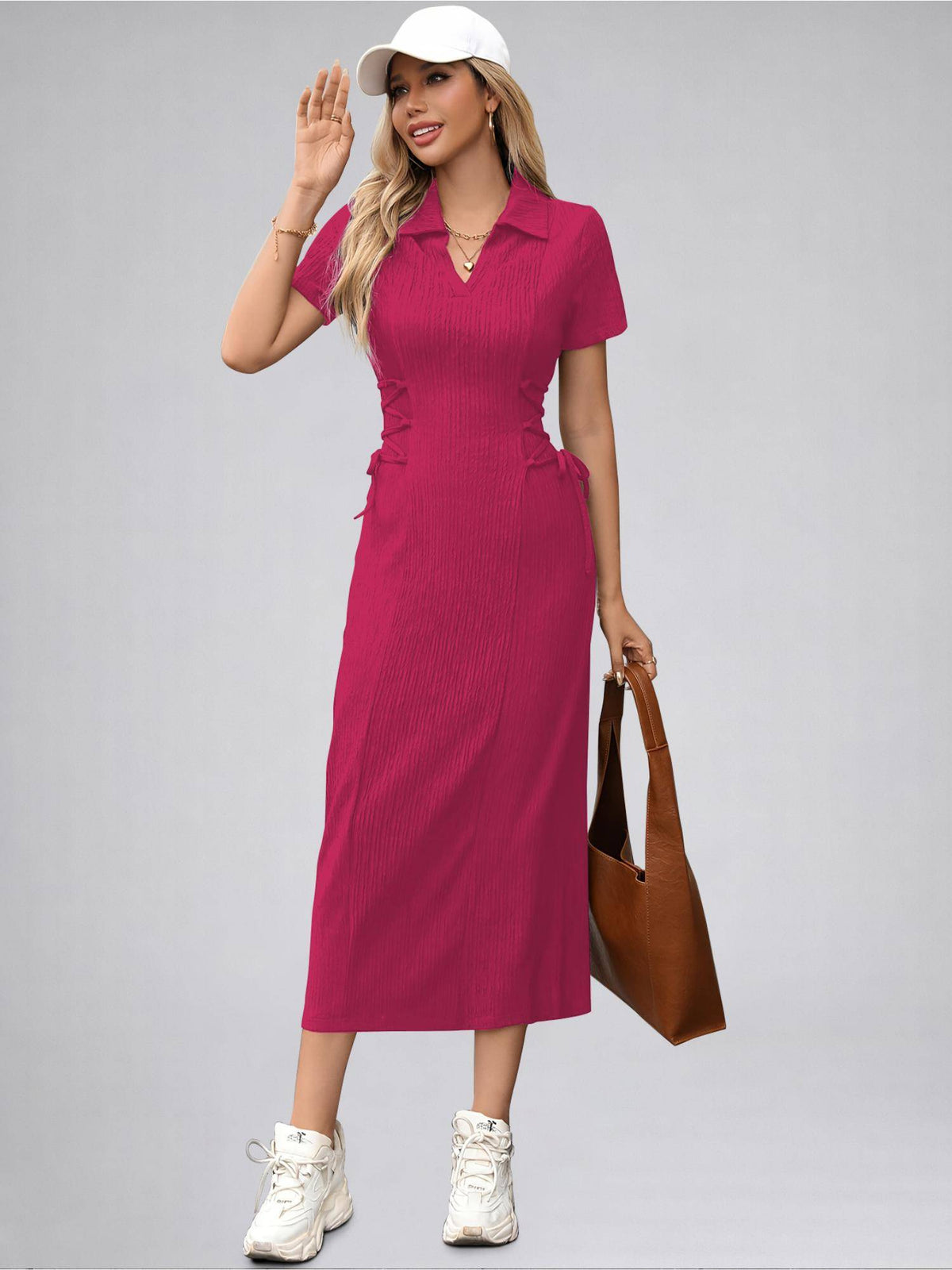 Womens Hot Pink Solid Color Midi Western Party Dress for Women | D56 - view 2