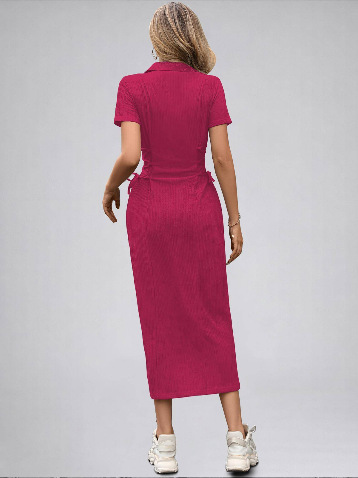 Womens Hot Pink Solid Color Midi Western Party Dress for Women | D56 - view 3
