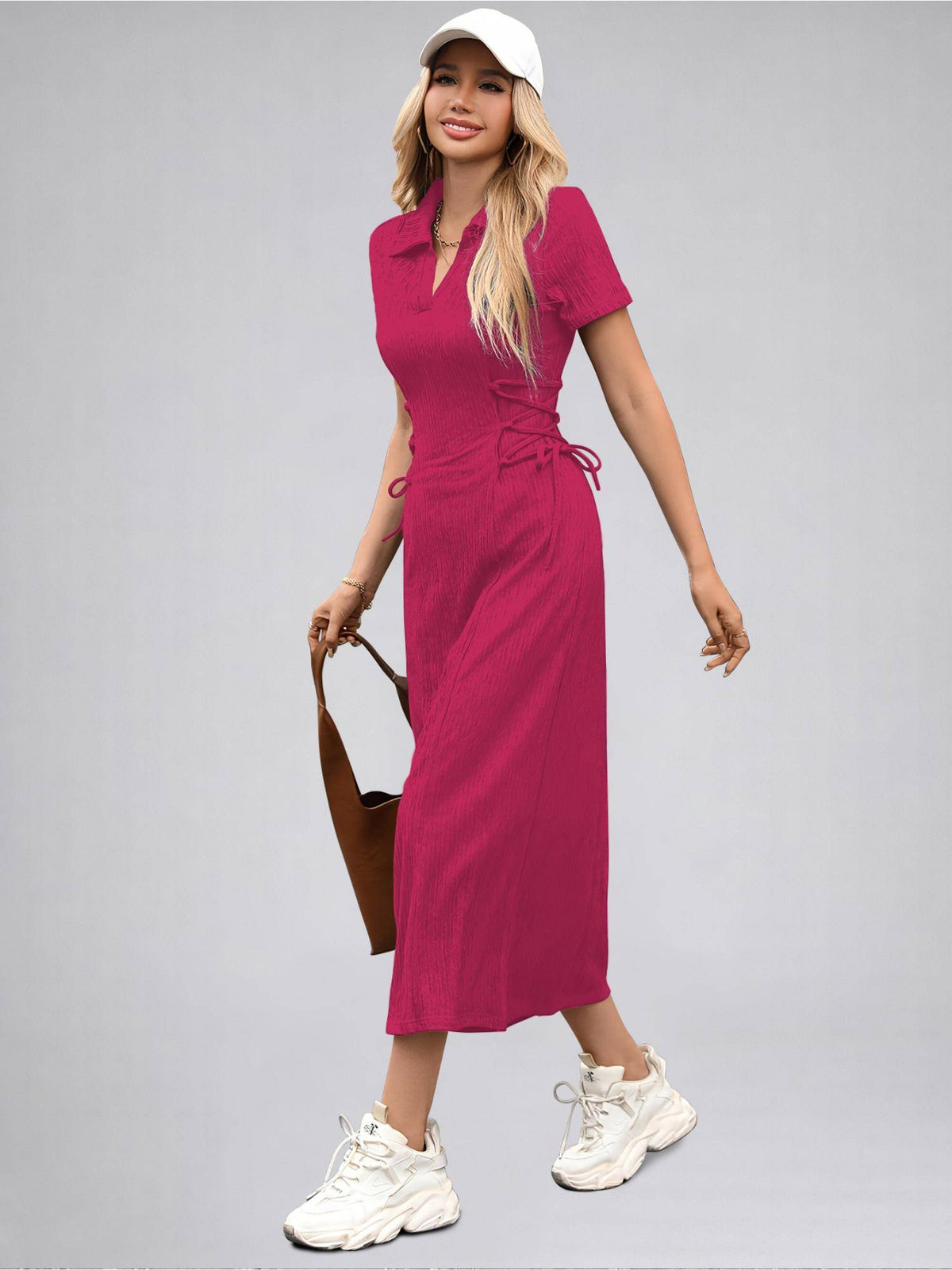 Womens Hot Pink Solid Color Midi Western Party Dress for Women | D56 - view 4