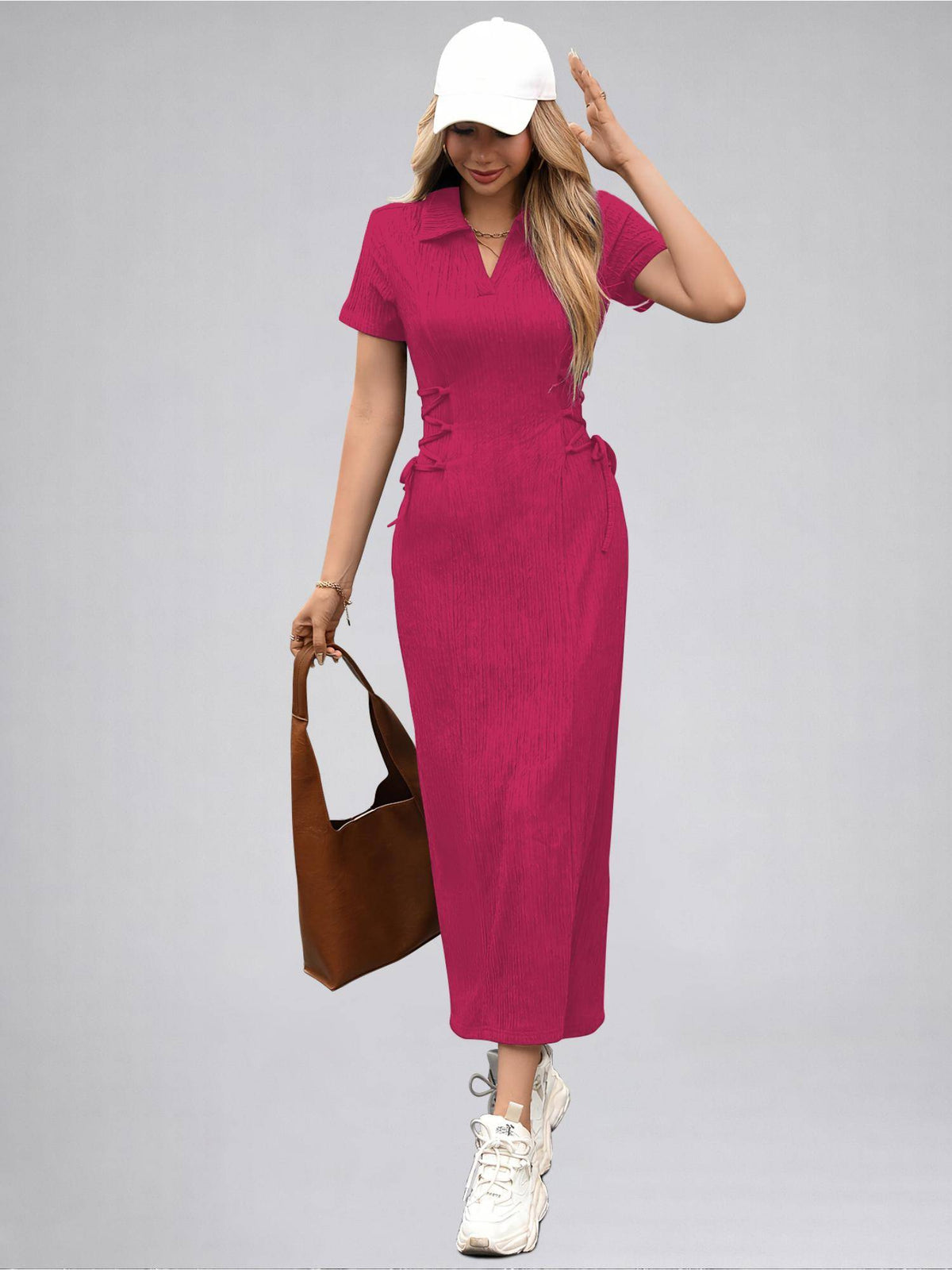 Womens Hot Pink Solid Color Midi Western Party Dress for Women | D56 - view 5