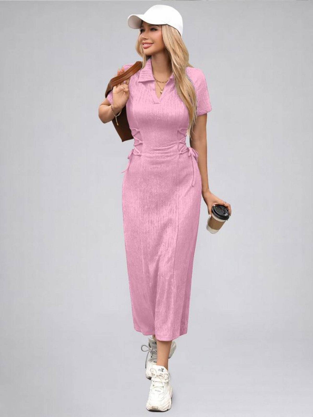 Womens Baby Pink Solid Color Midi Western Dress for Women | D56 - view 2