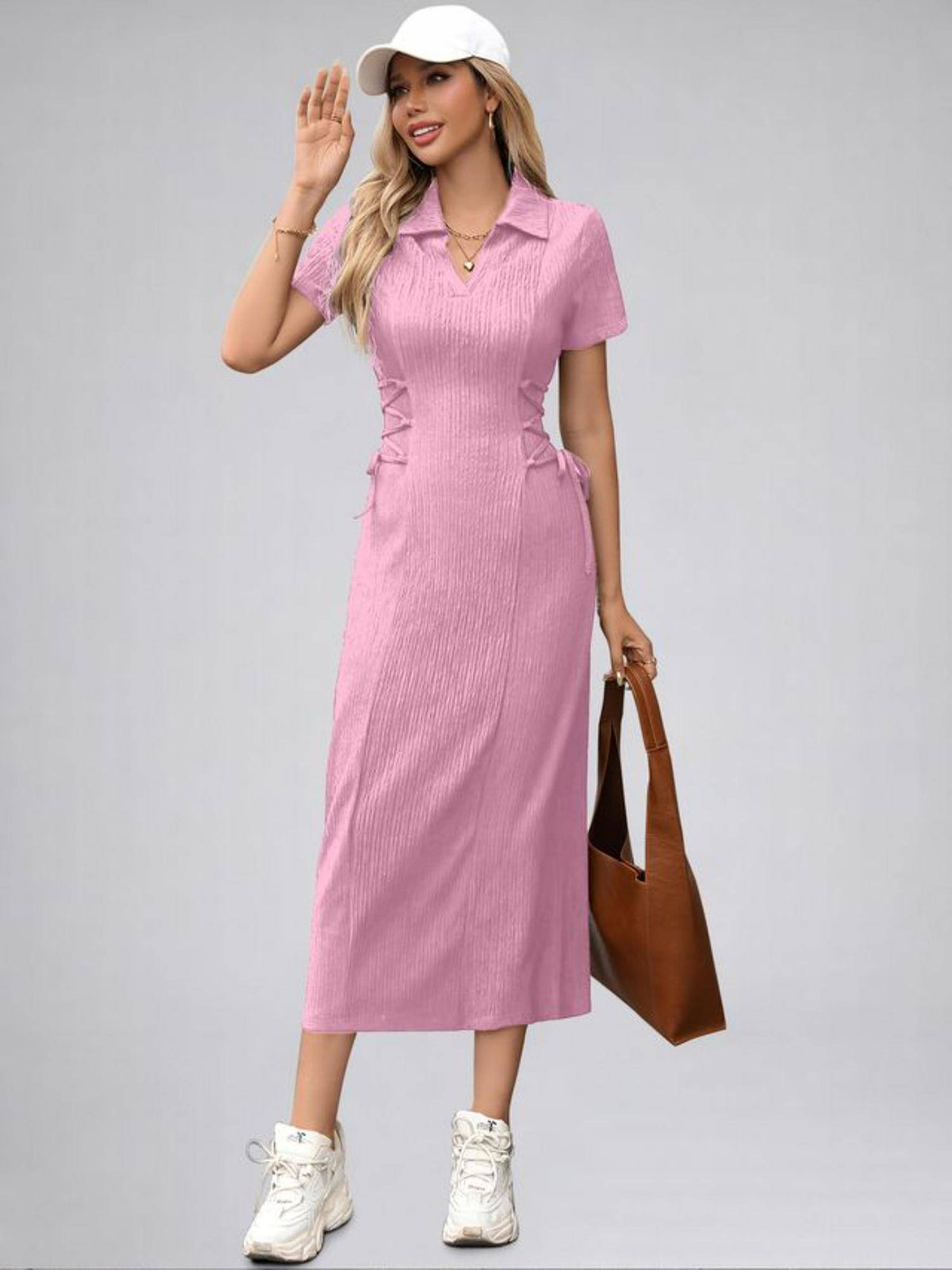 Womens Baby Pink Solid Color Midi Western Dress for Women | D56 - view 4