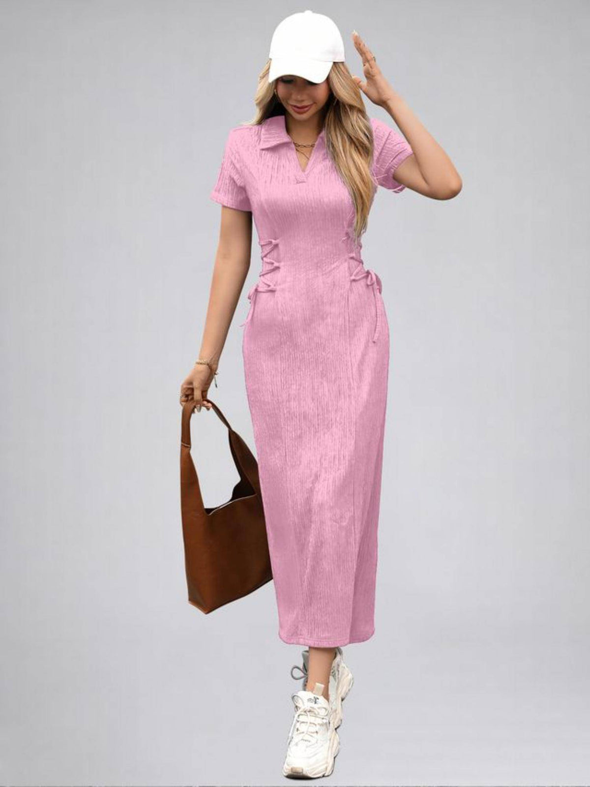 Womens Baby Pink Solid Color Midi Western Dress for Women | D56 - view 5