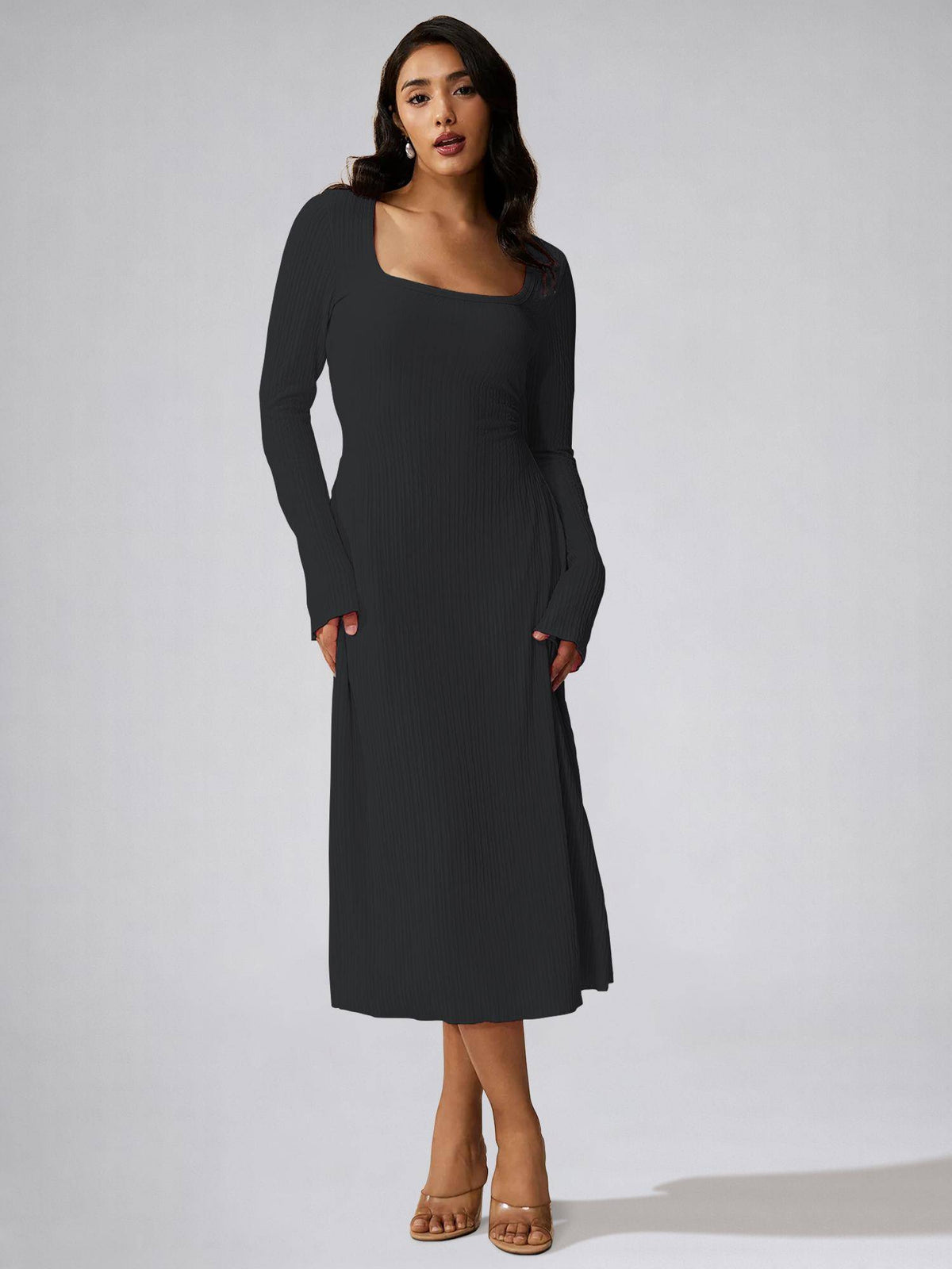 Womens Black Square Neck A-Line Dress | D56 - view 3