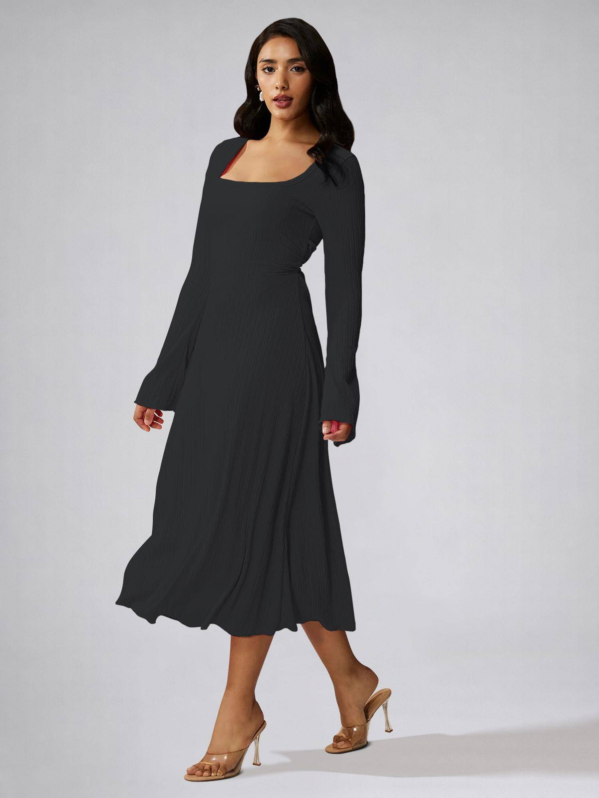 Womens Black Square Neck A-Line Dress | D56 - view 4