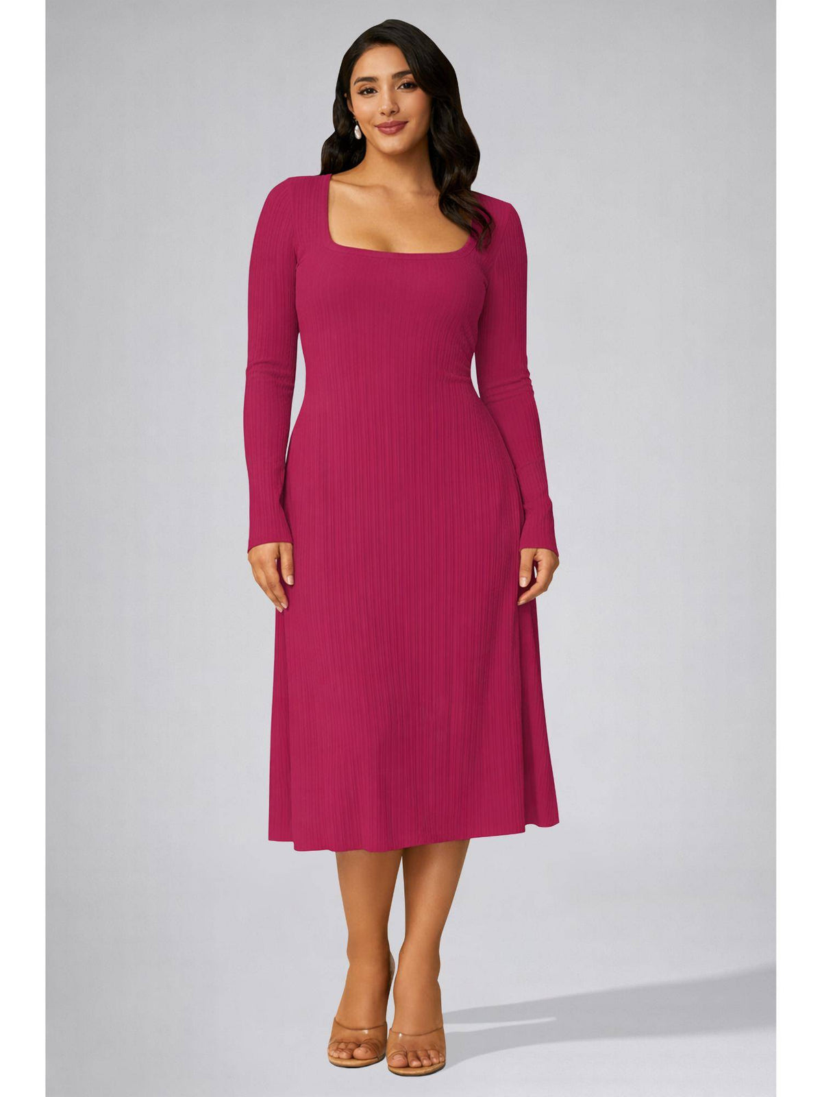Womens Hot Pink Square Neck A-Line Dress | D56 - view 1