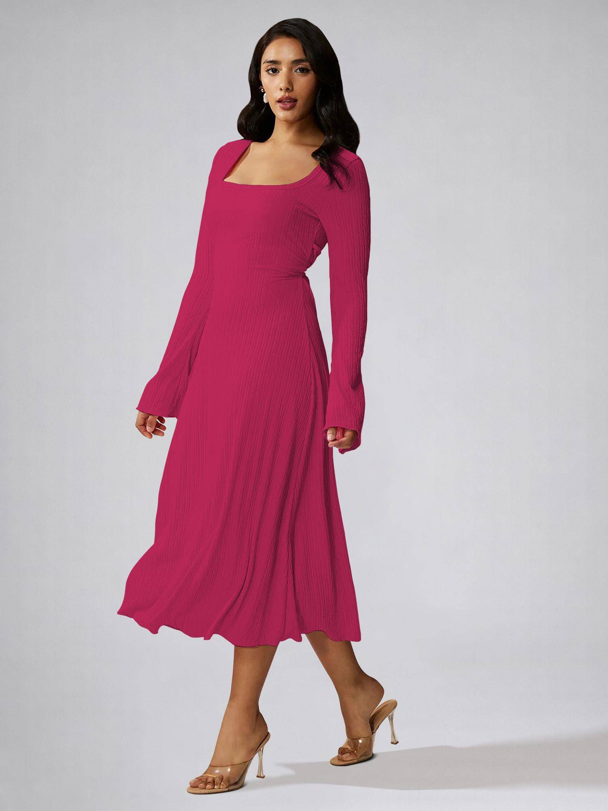 Womens Hot Pink Square Neck A-Line Dress | D56 - view 2