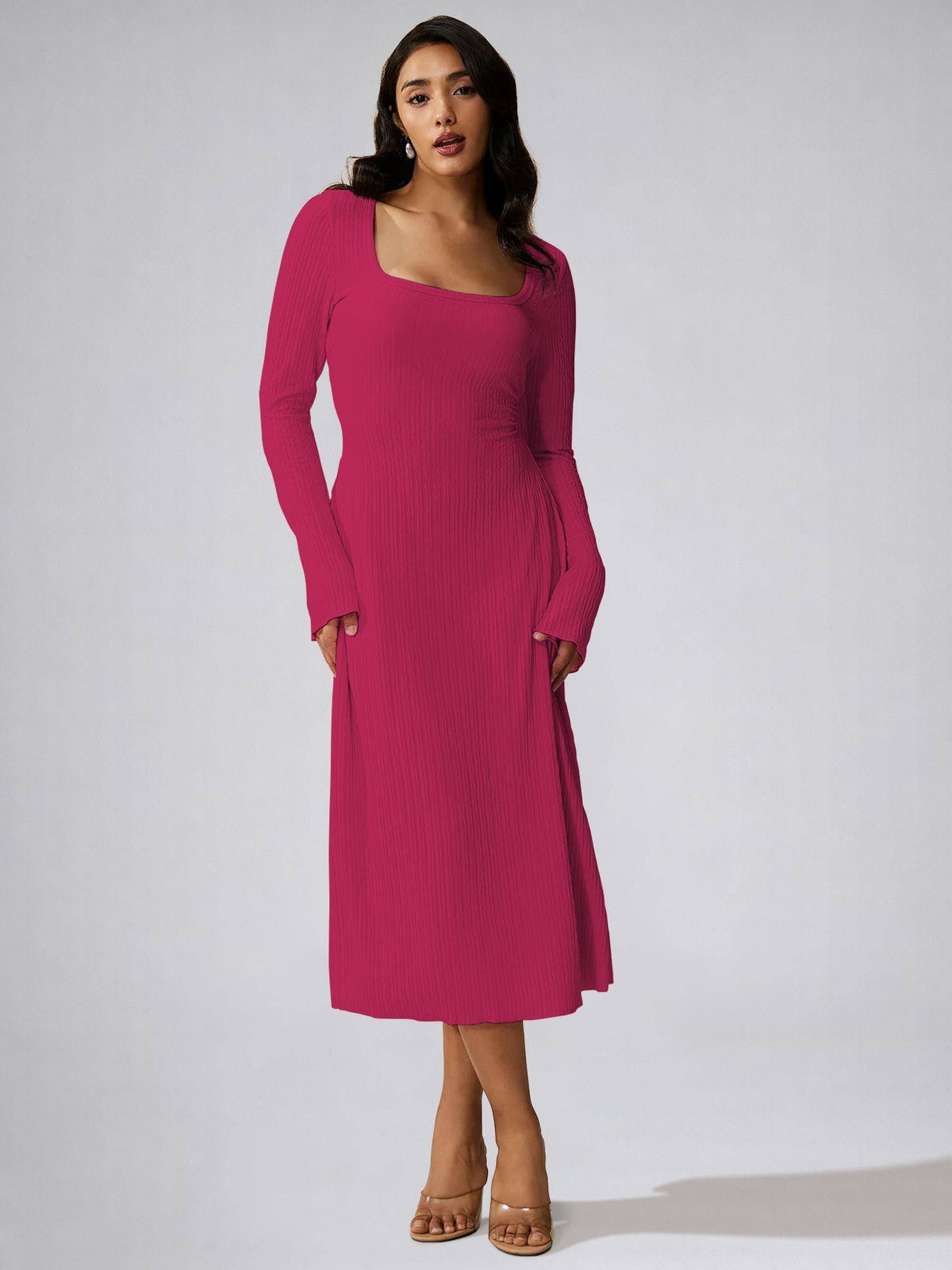 Womens Hot Pink Square Neck A-Line Dress | D56 - view 4