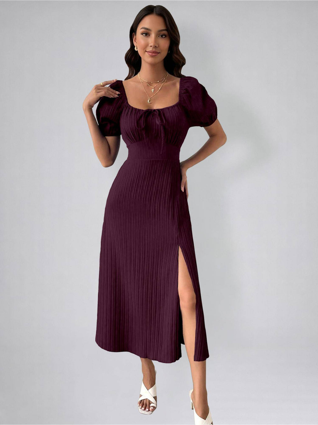 Womens Magenta Tie Front Split Thigh Milkmaid Maxi Dress | D56 - view 3