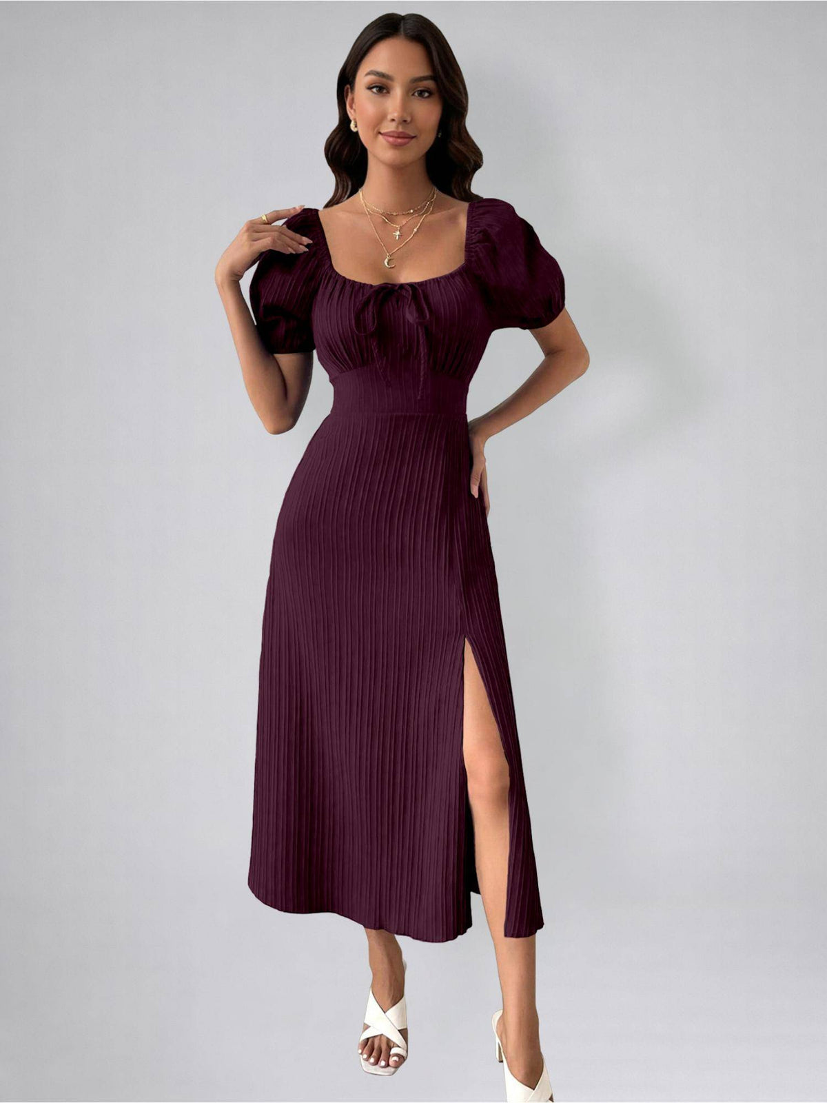 Womens Magenta Tie Front Split Thigh Milkmaid Maxi Dress | D56 - view 3