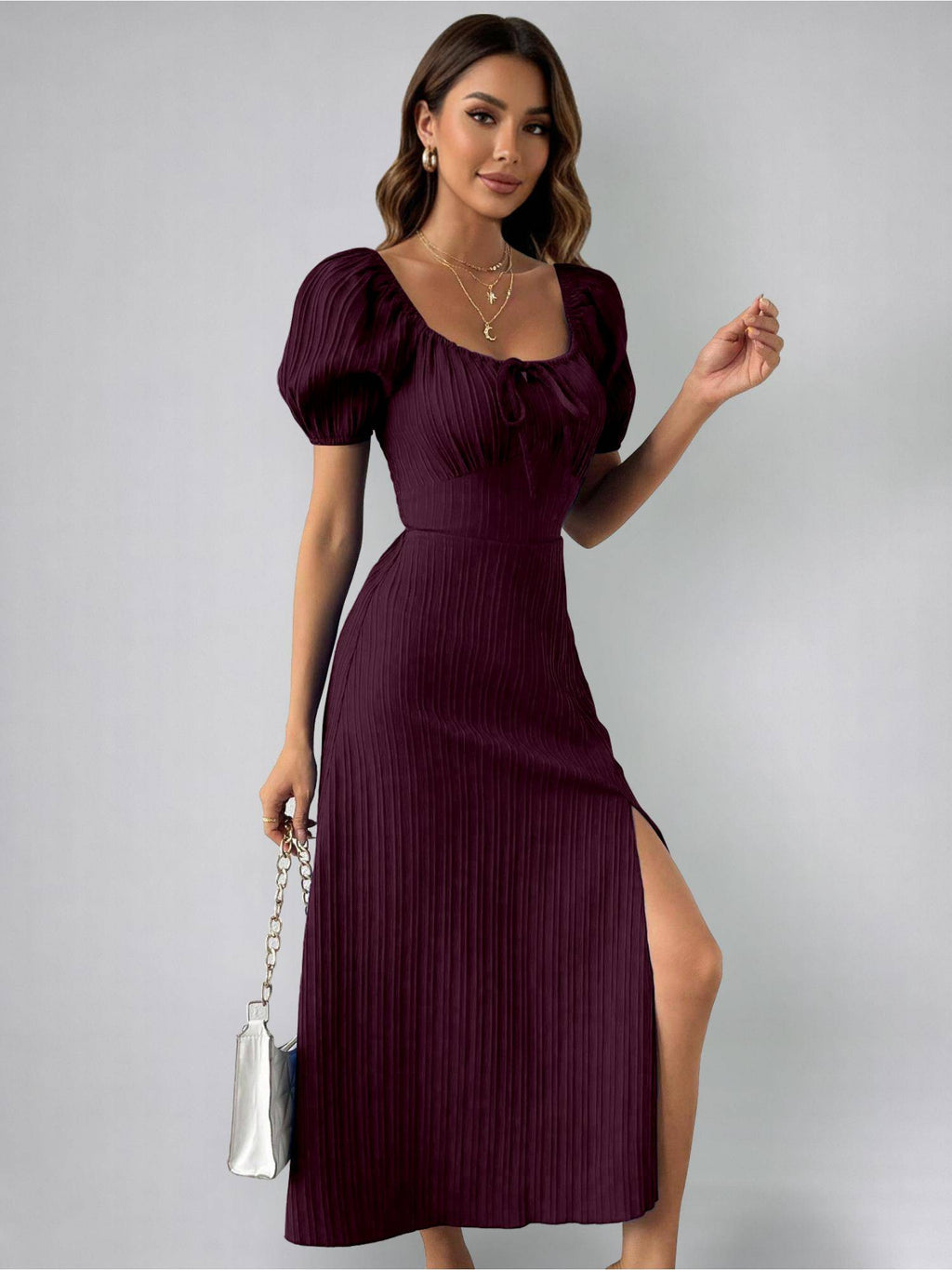 Womens Magenta Tie Front Split Thigh Milkmaid Maxi Dress | D56 - view 4