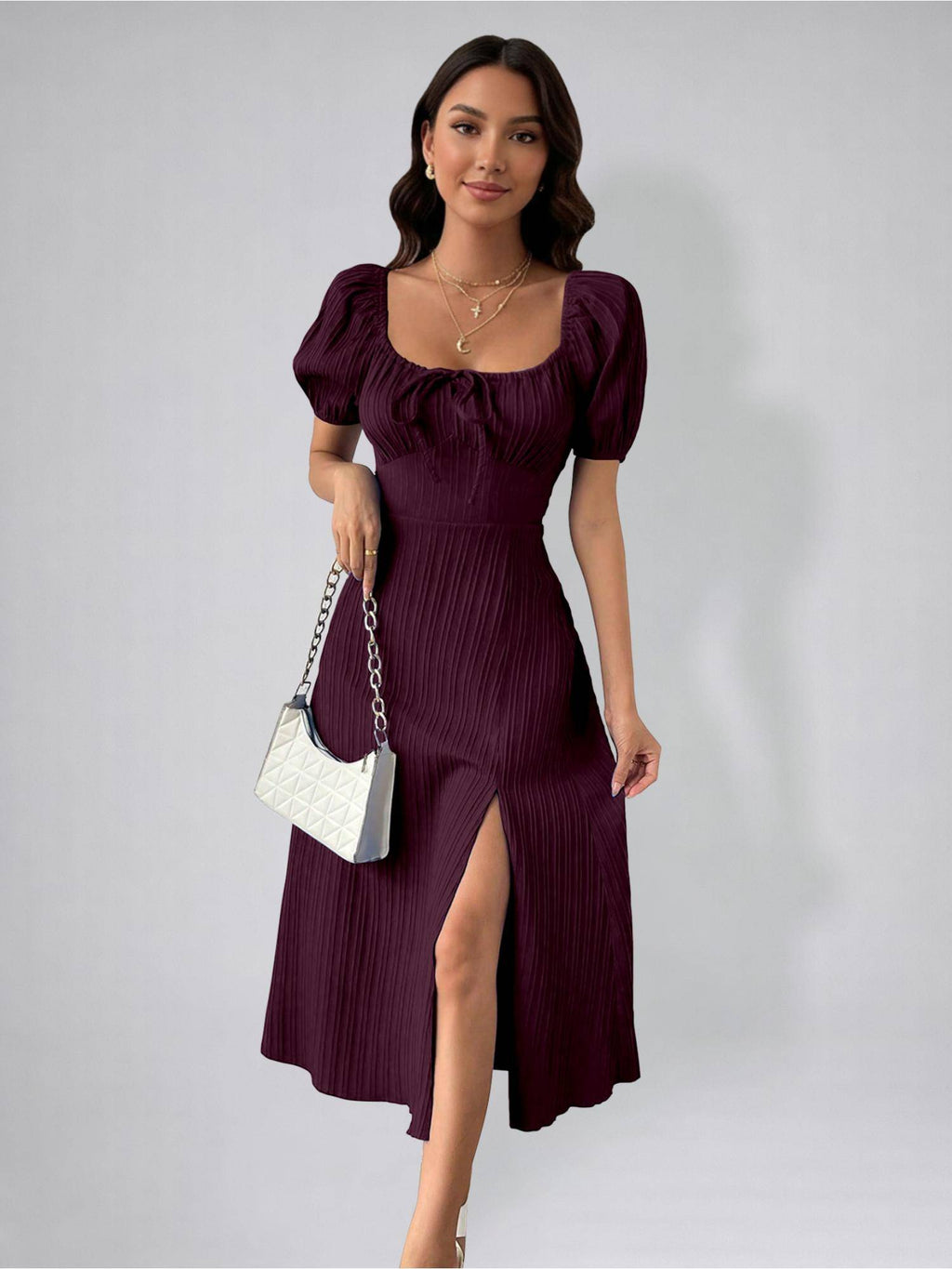 Womens Magenta Tie Front Split Thigh Milkmaid Maxi Dress | D56 - view 6