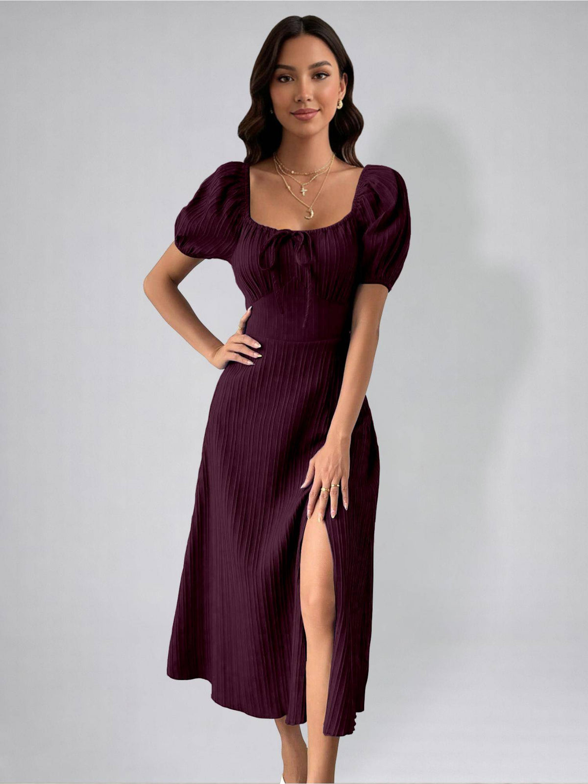 Womens Magenta Tie Front Split Thigh Milkmaid Maxi Dress | D56 - view 7