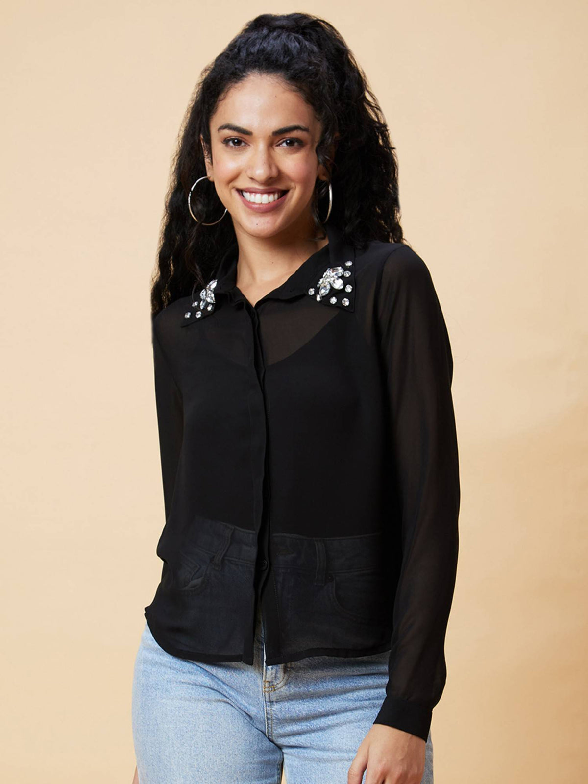 Women Pink Embellished Collar Georgette Sheer Shirt | S67 - view 13
