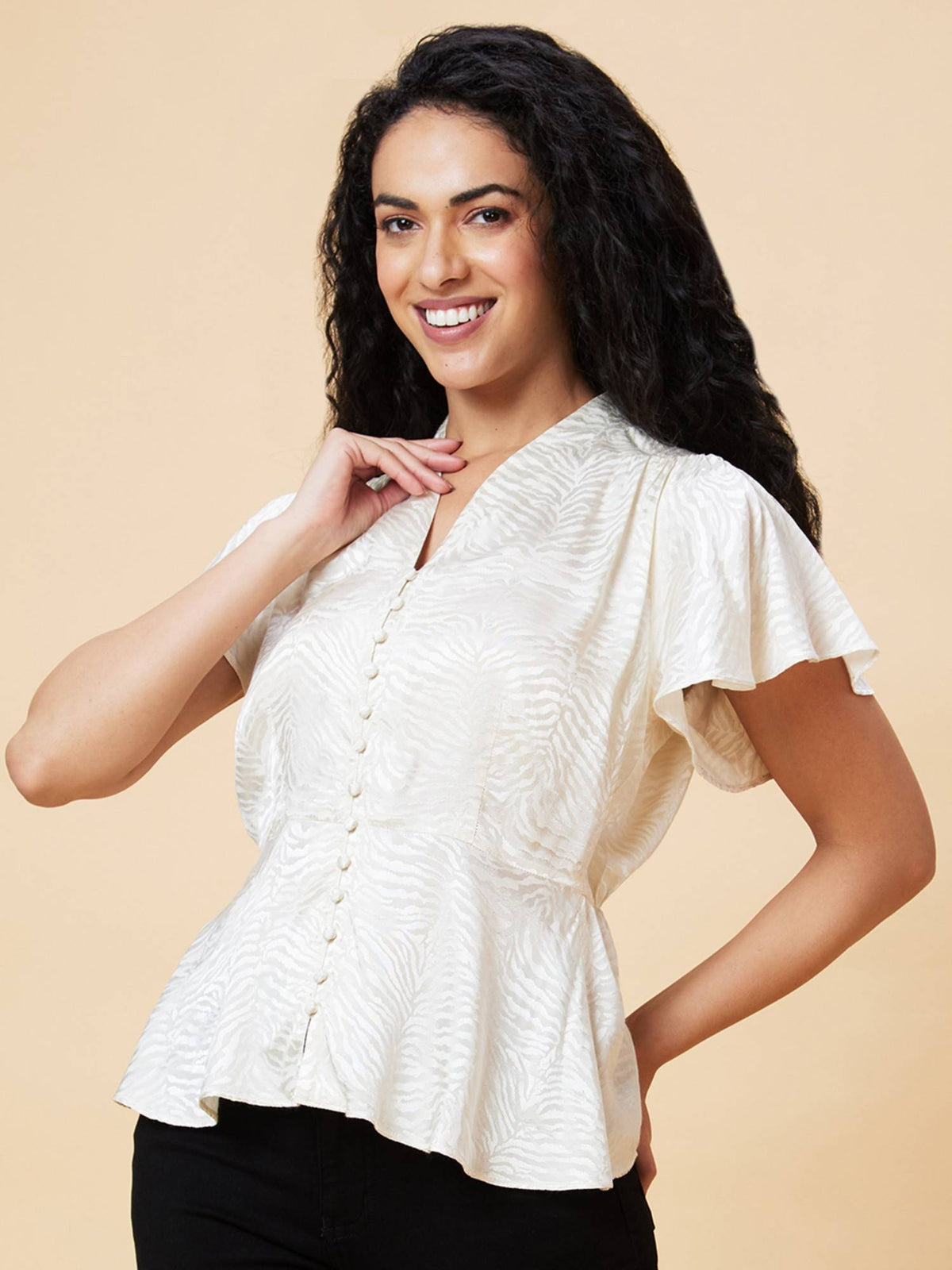 Women White V-Neck Flutter Sleeve Self Design Peplum Party Top | pt51 - view 3