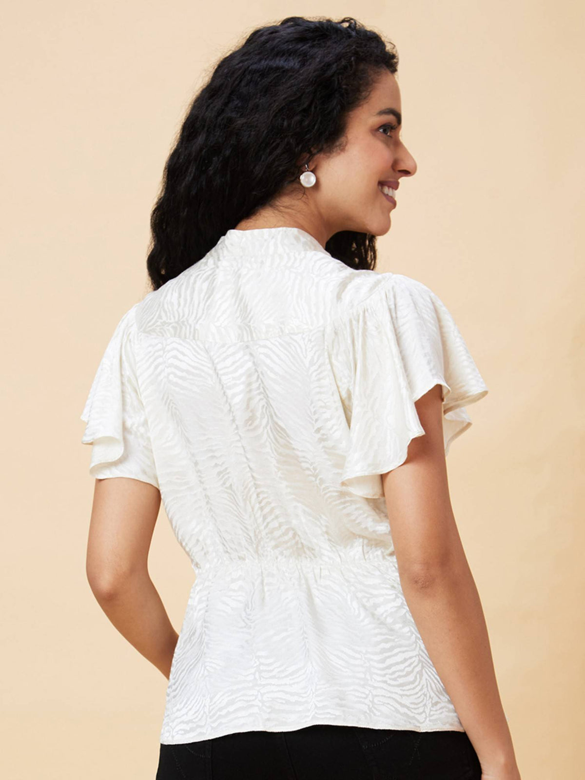 Women White V-Neck Flutter Sleeve Self Design Peplum Party Top | pt51 - view 4