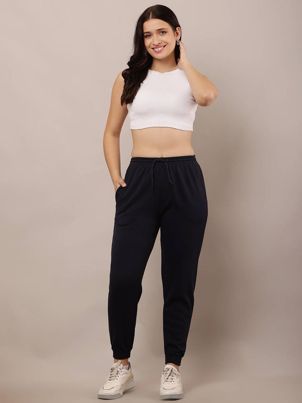 Women Cotton Elastic with Drawstring Dark Blue Jogger | WJ89 - view 3