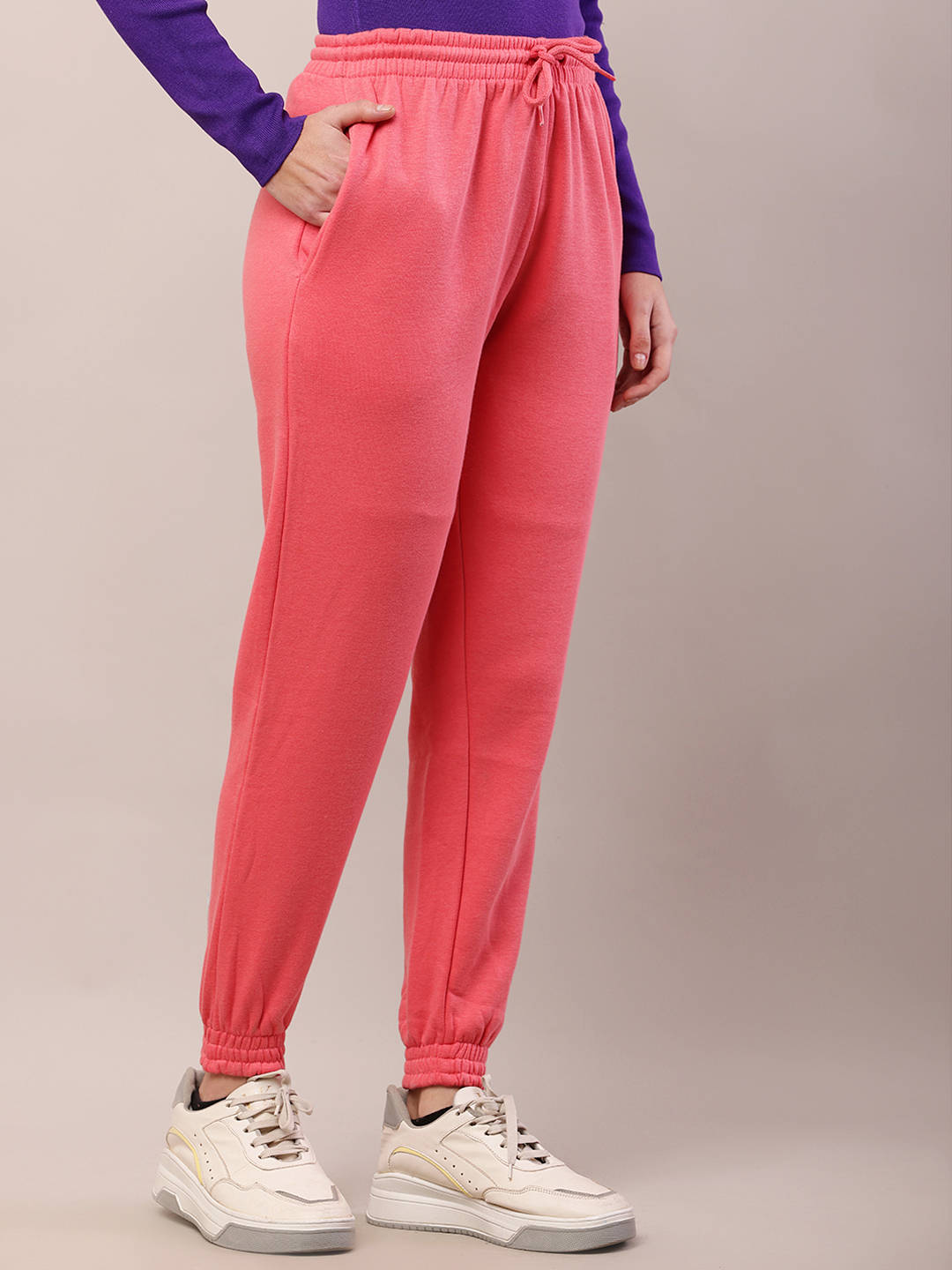 Women Cotton Regular Fit Full Length High Rise Pink Jogger | WJ89 - view 2