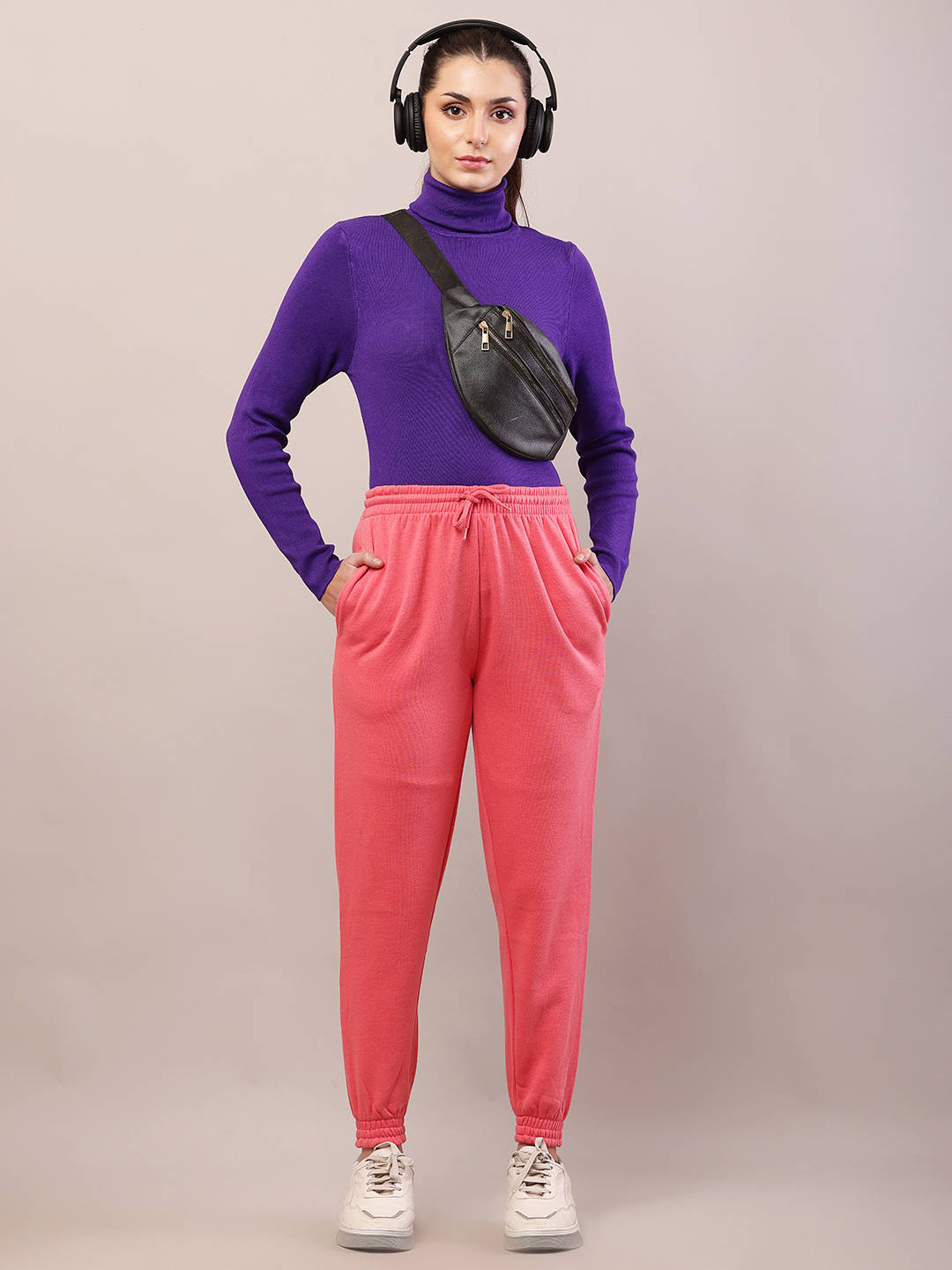 Women Cotton Regular Fit Full Length High Rise Pink Jogger | WJ89 - view 3