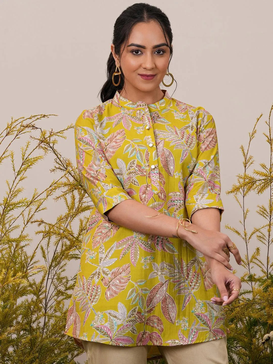 Libas Yellow Printed Silk Blend A-Line Kurti P23