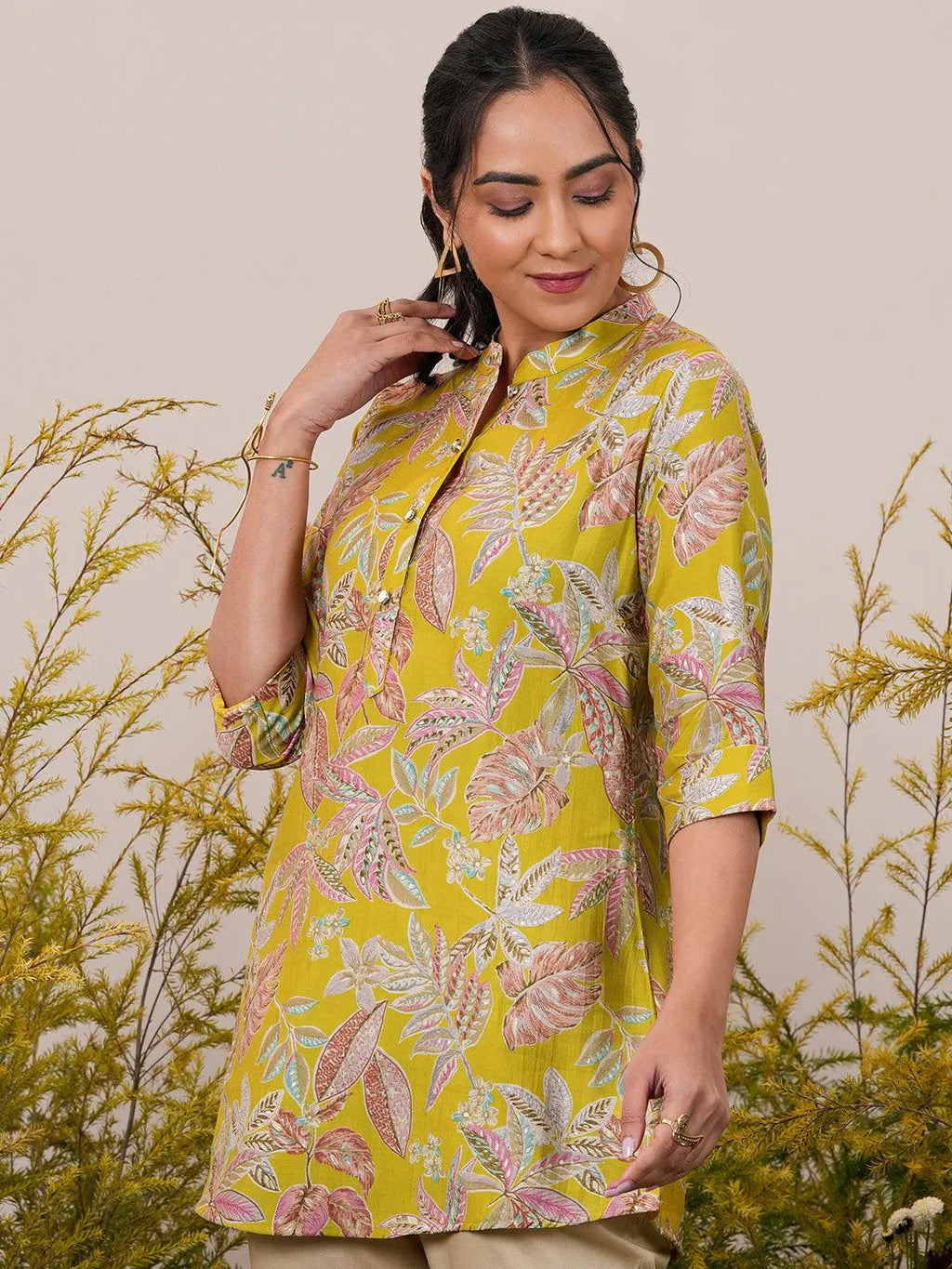 Libas Yellow Printed Silk Blend A-Line Kurti P23