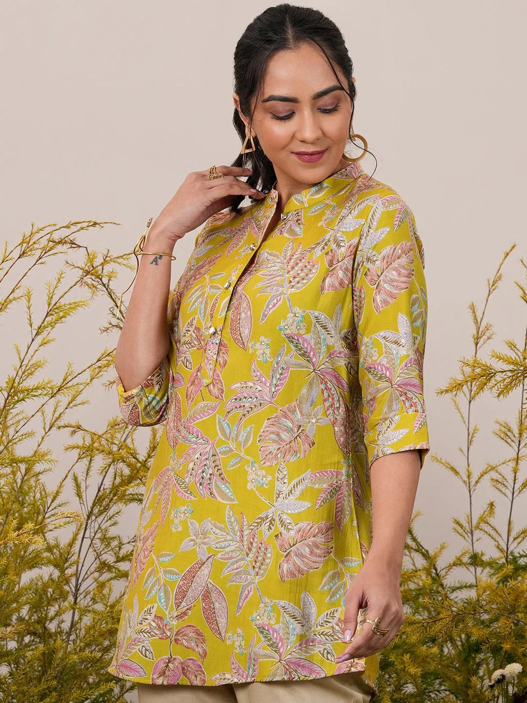 Libas Yellow Printed Silk Blend A-Line Kurti P23