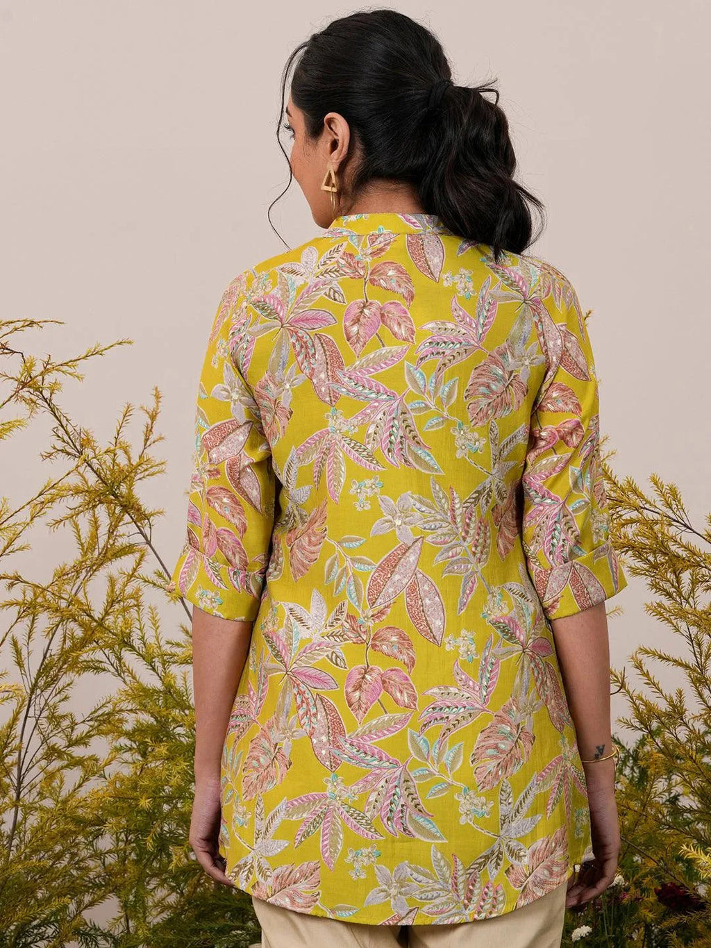 Libas Yellow Printed Silk Blend A-Line Kurti P23