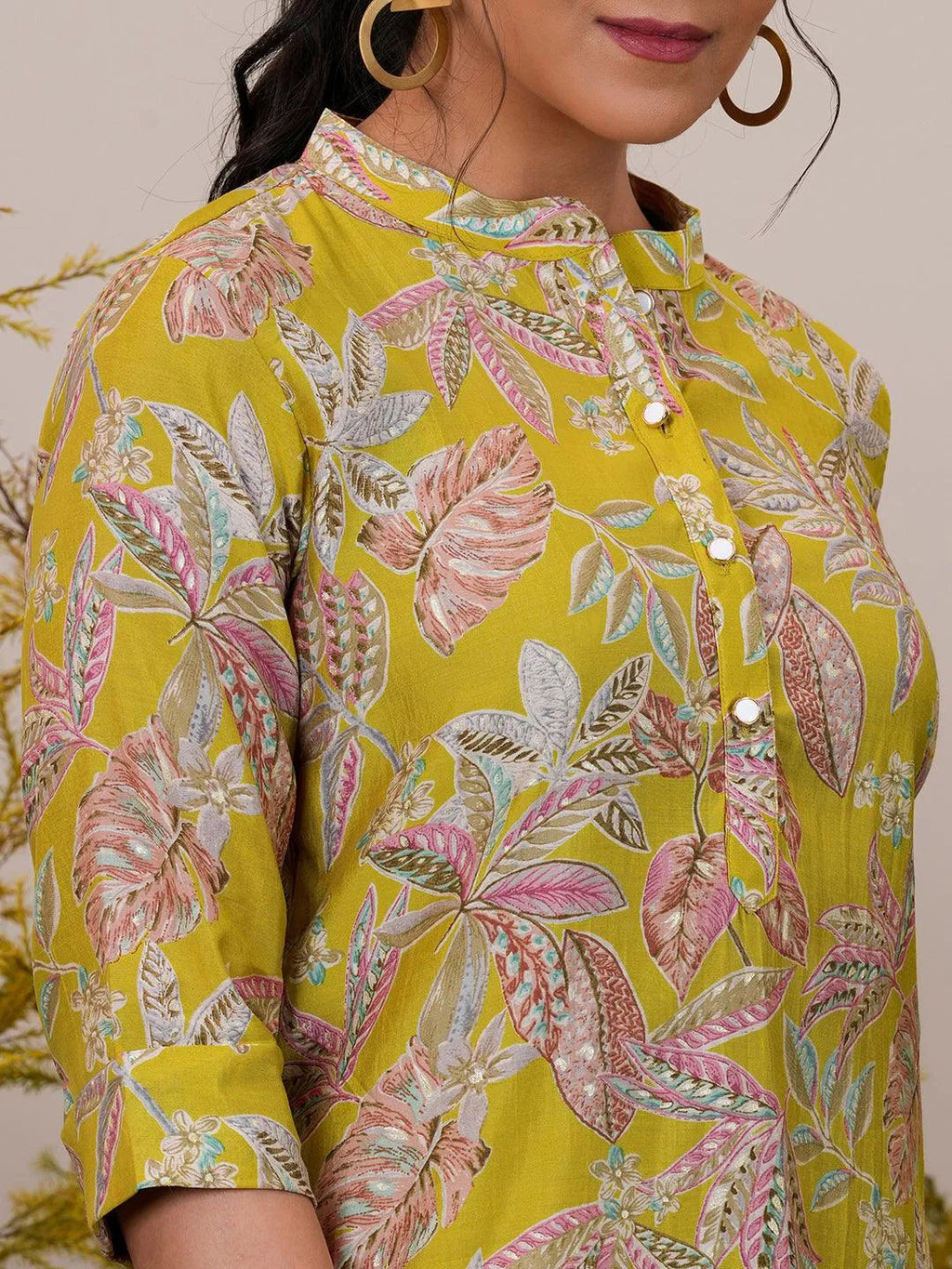 Libas Yellow Printed Silk Blend A-Line Kurti P23
