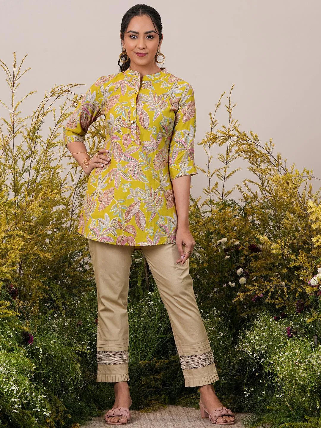 Libas Yellow Printed Silk Blend A-Line Kurti P23
