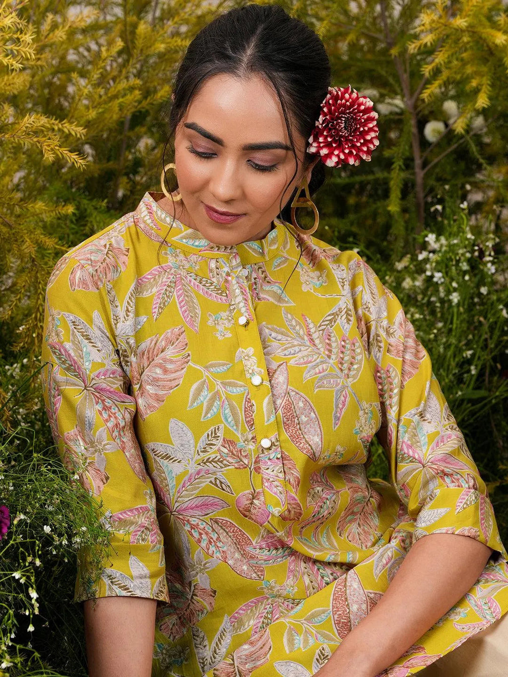 Libas Yellow Printed Silk Blend A-Line Kurti P23
