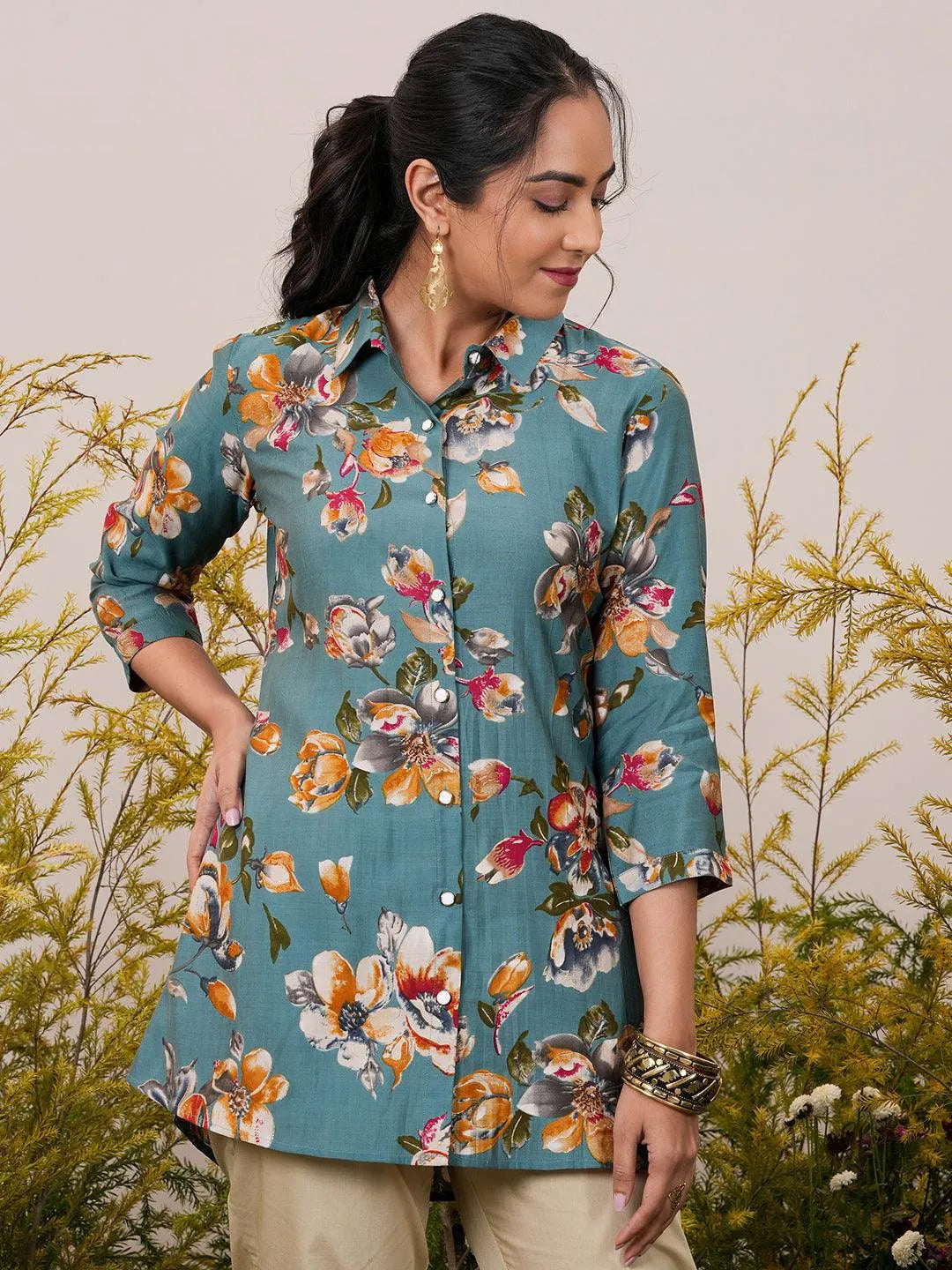 Libas Blue Printed Silk Blend A-Line Kurti P23
