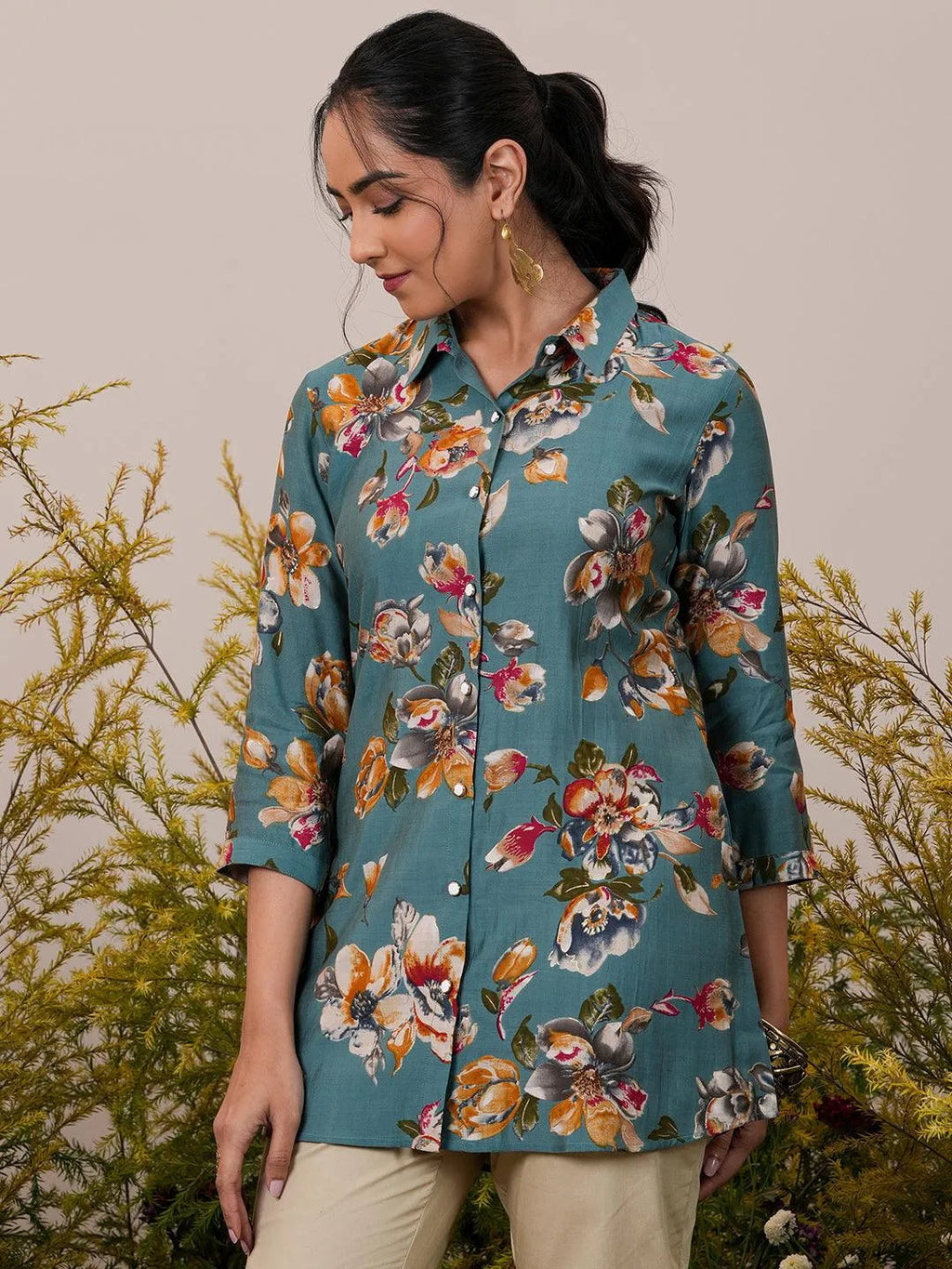 Libas Blue Printed Silk Blend A-Line Kurti P23