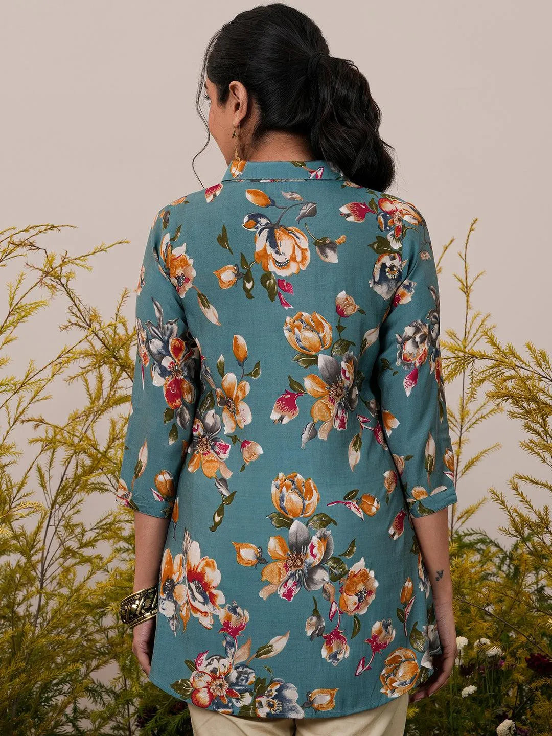Libas Blue Printed Silk Blend A-Line Kurti P23