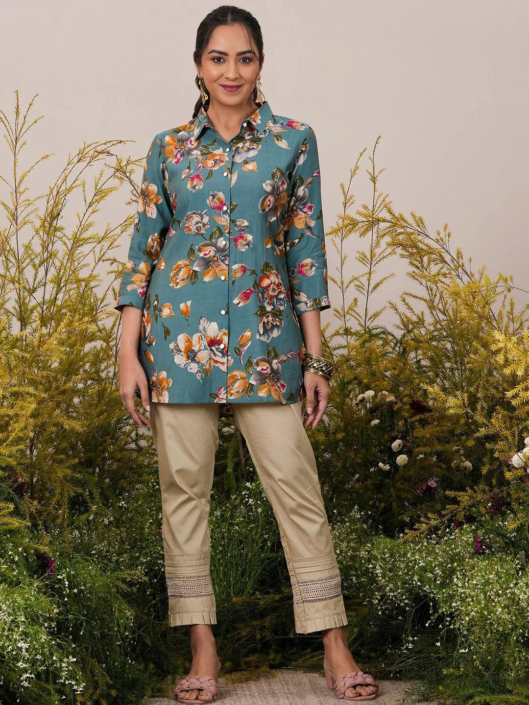 Libas Blue Printed Silk Blend A-Line Kurti P23
