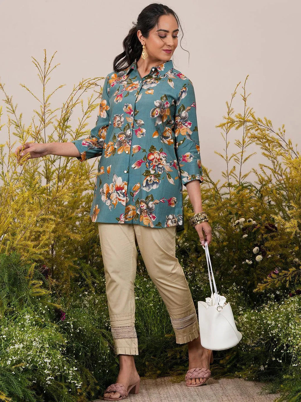 Libas Blue Printed Silk Blend A-Line Kurti P23