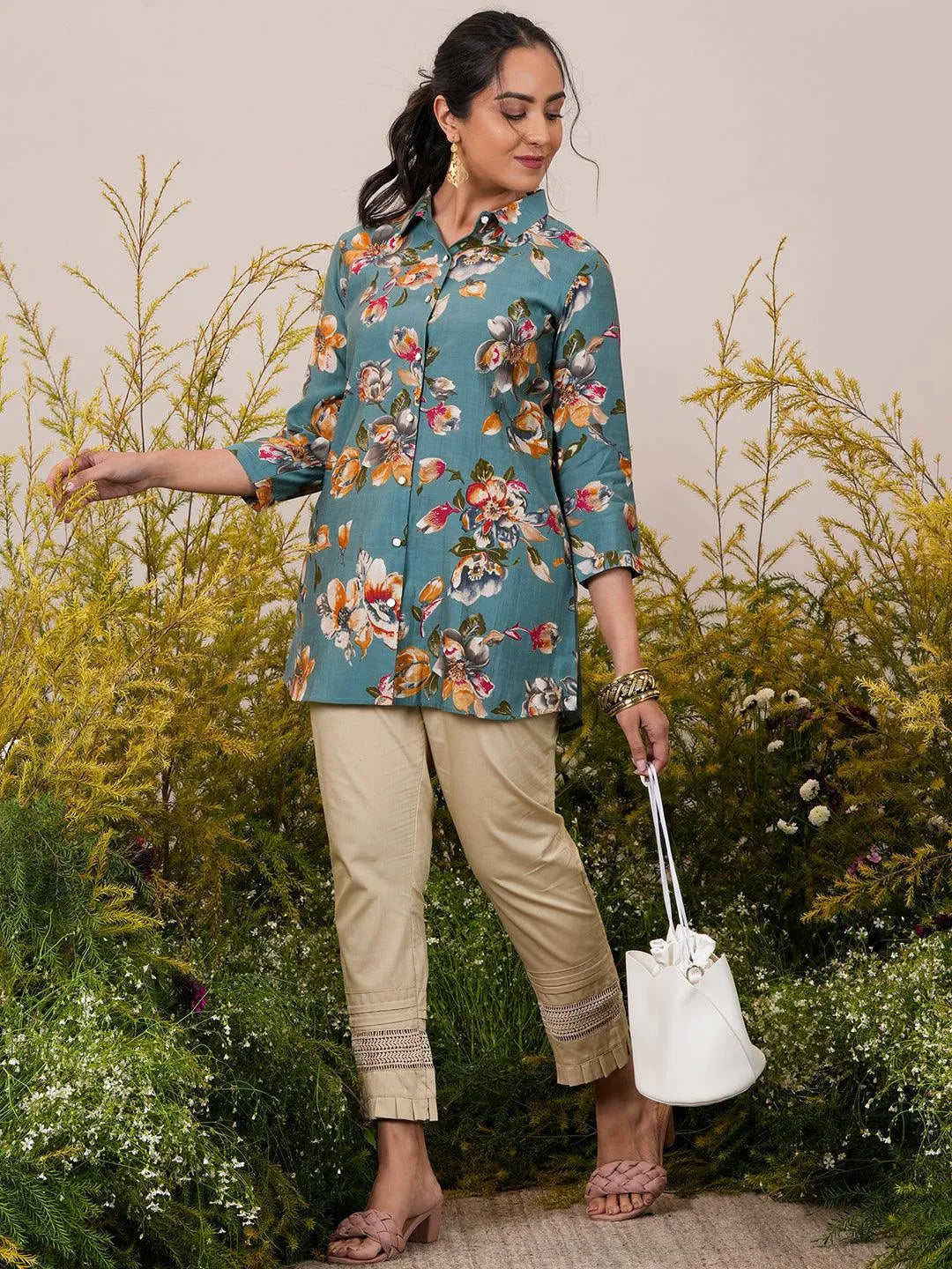 Libas Blue Printed Silk Blend A-Line Kurti P23