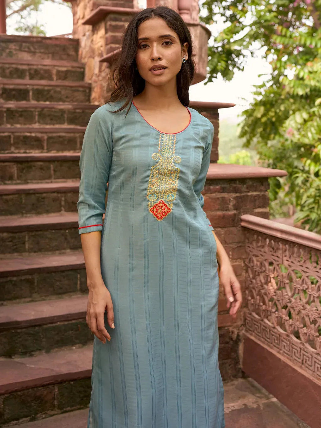 Libas Blue Yoke Design Silk Straight Kurta