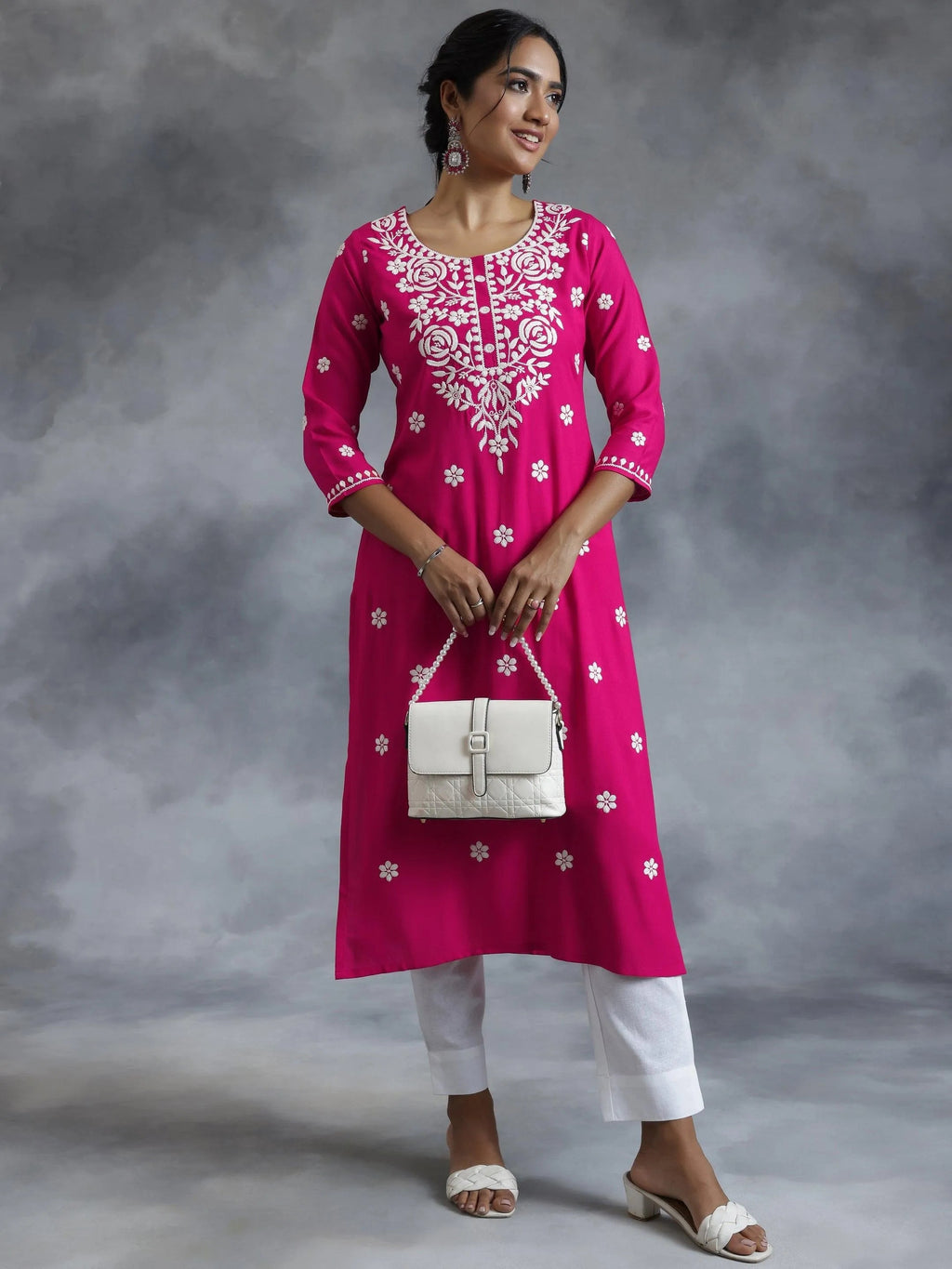 Libas Pink Embroidered Rayon Straight Kurta