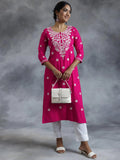 Libas Pink Embroidered Rayon Straight Kurta