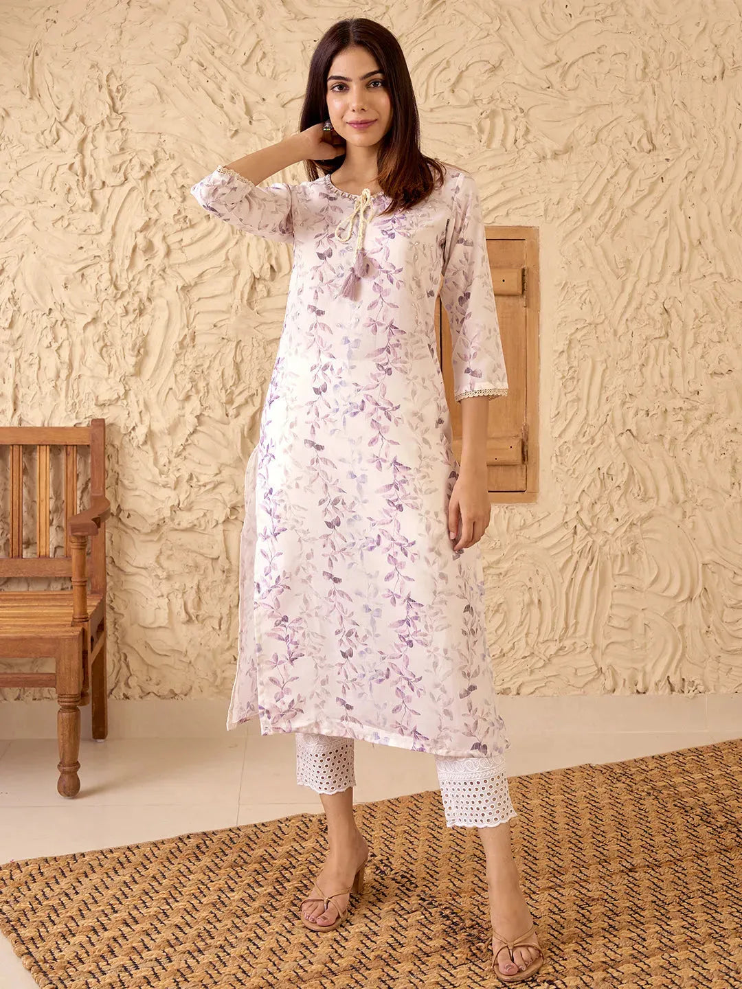 Libas Off White Printed Cotton Straight Kurta